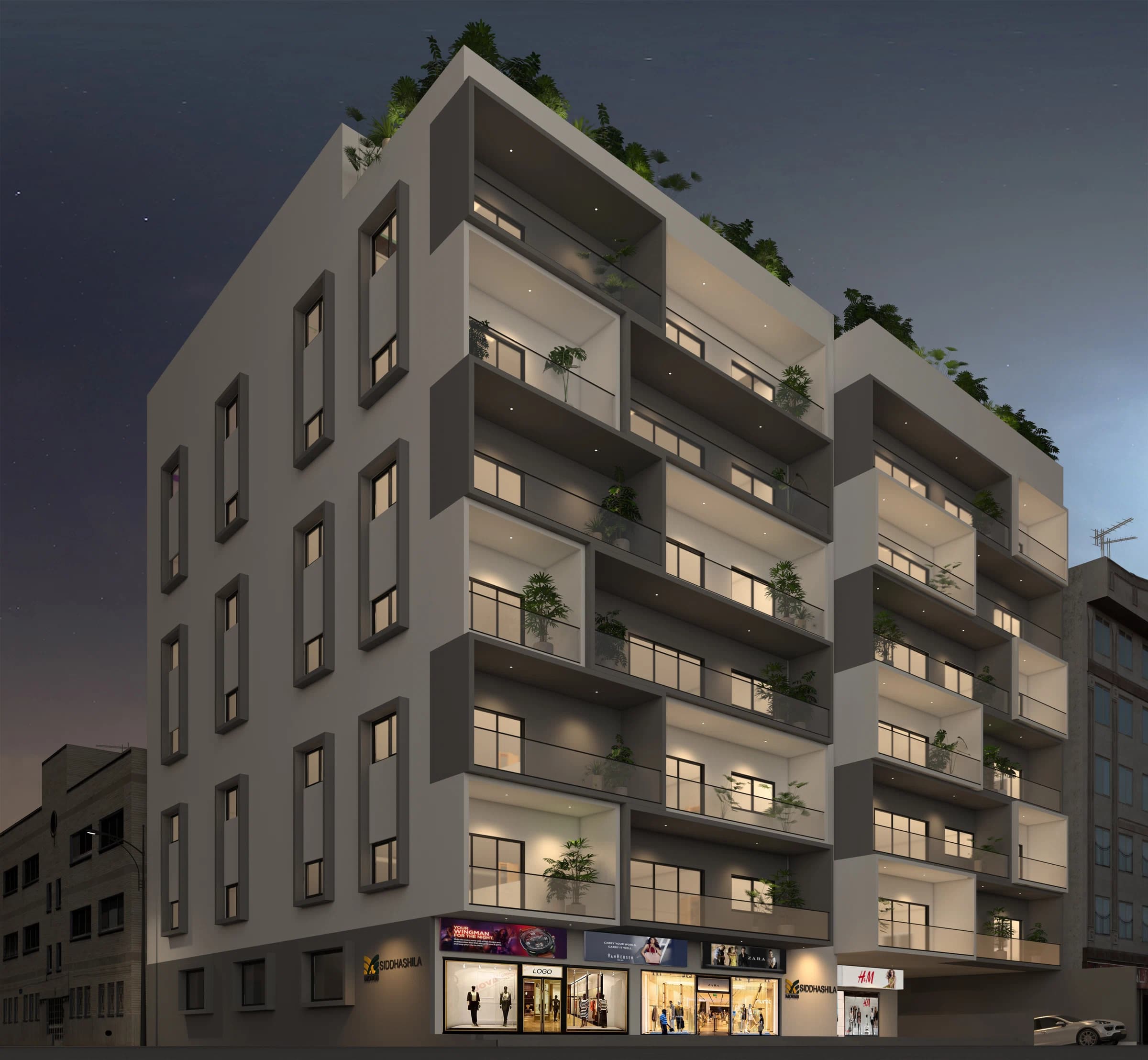 Night exterior view of a residential building