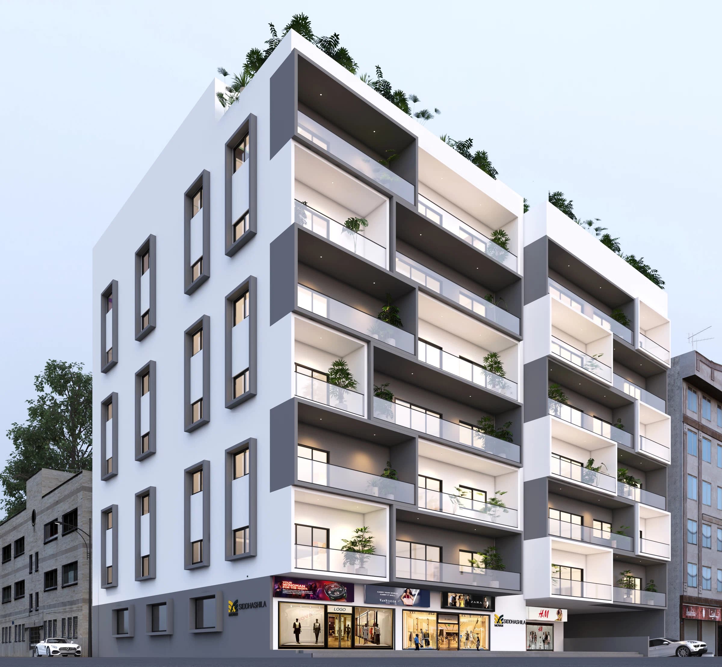 Daytime exterior view of a residential building