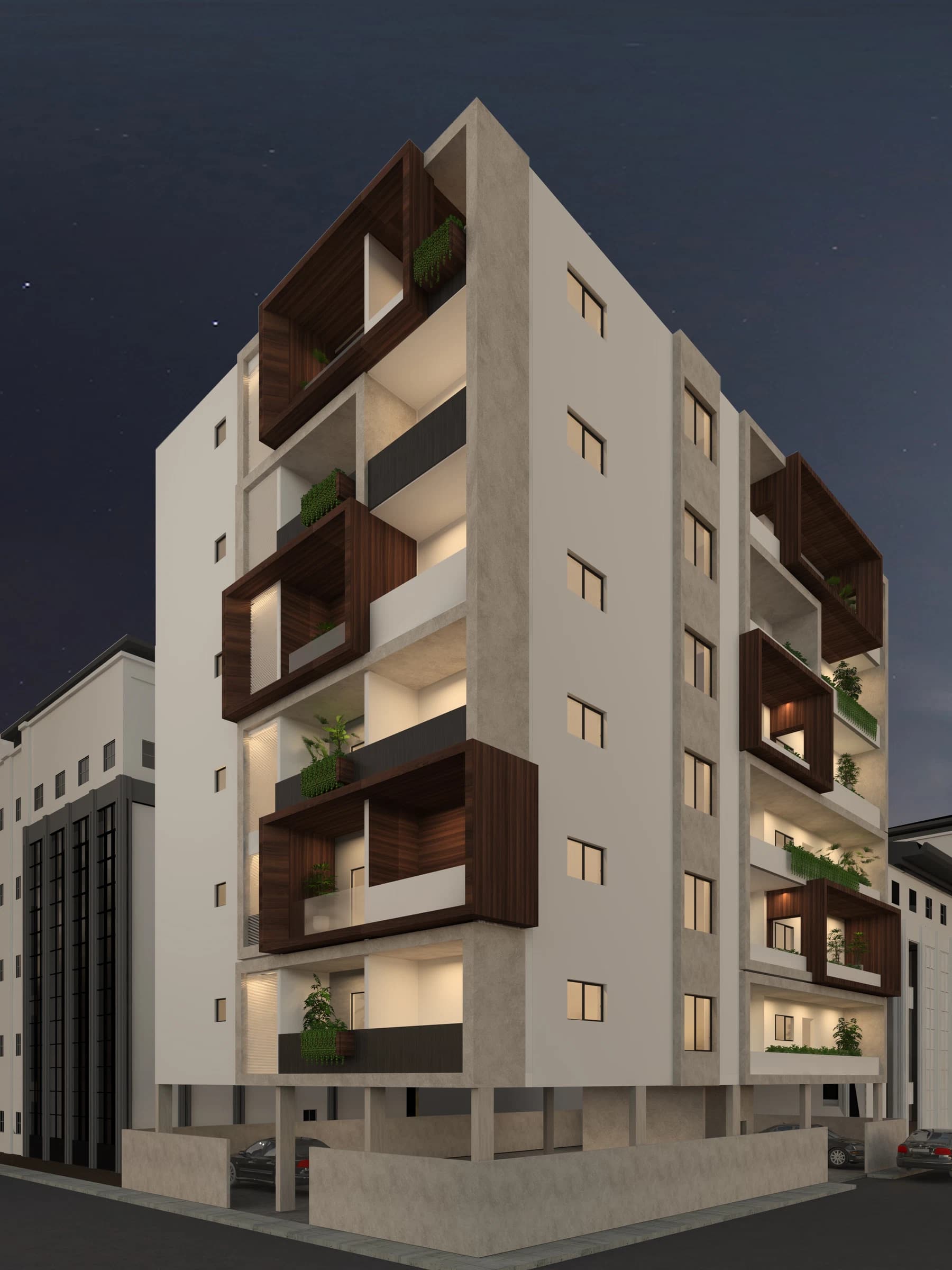 Night exterior view of a residential building