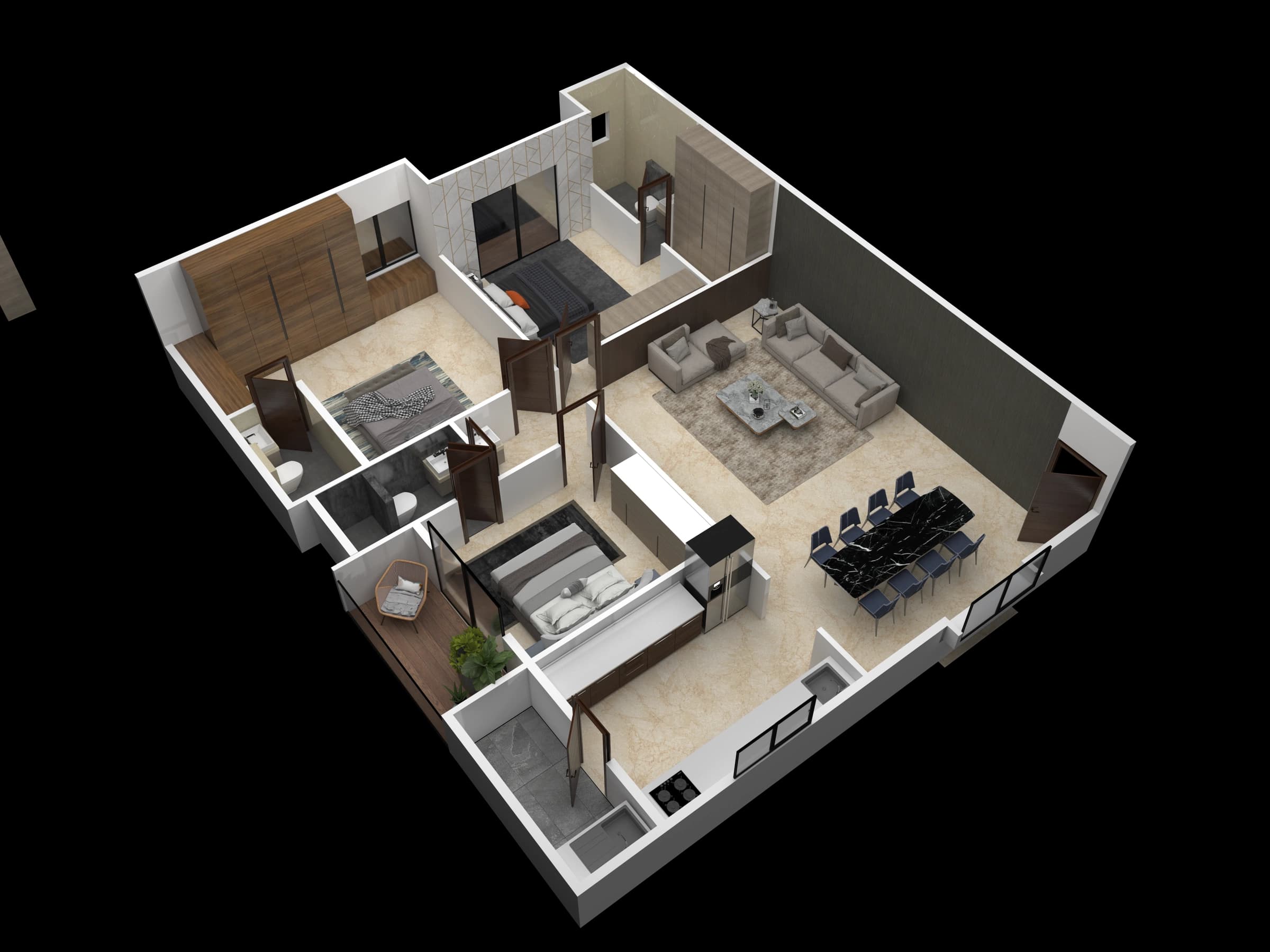 Isometric apartment layout with living and bedroom spaces