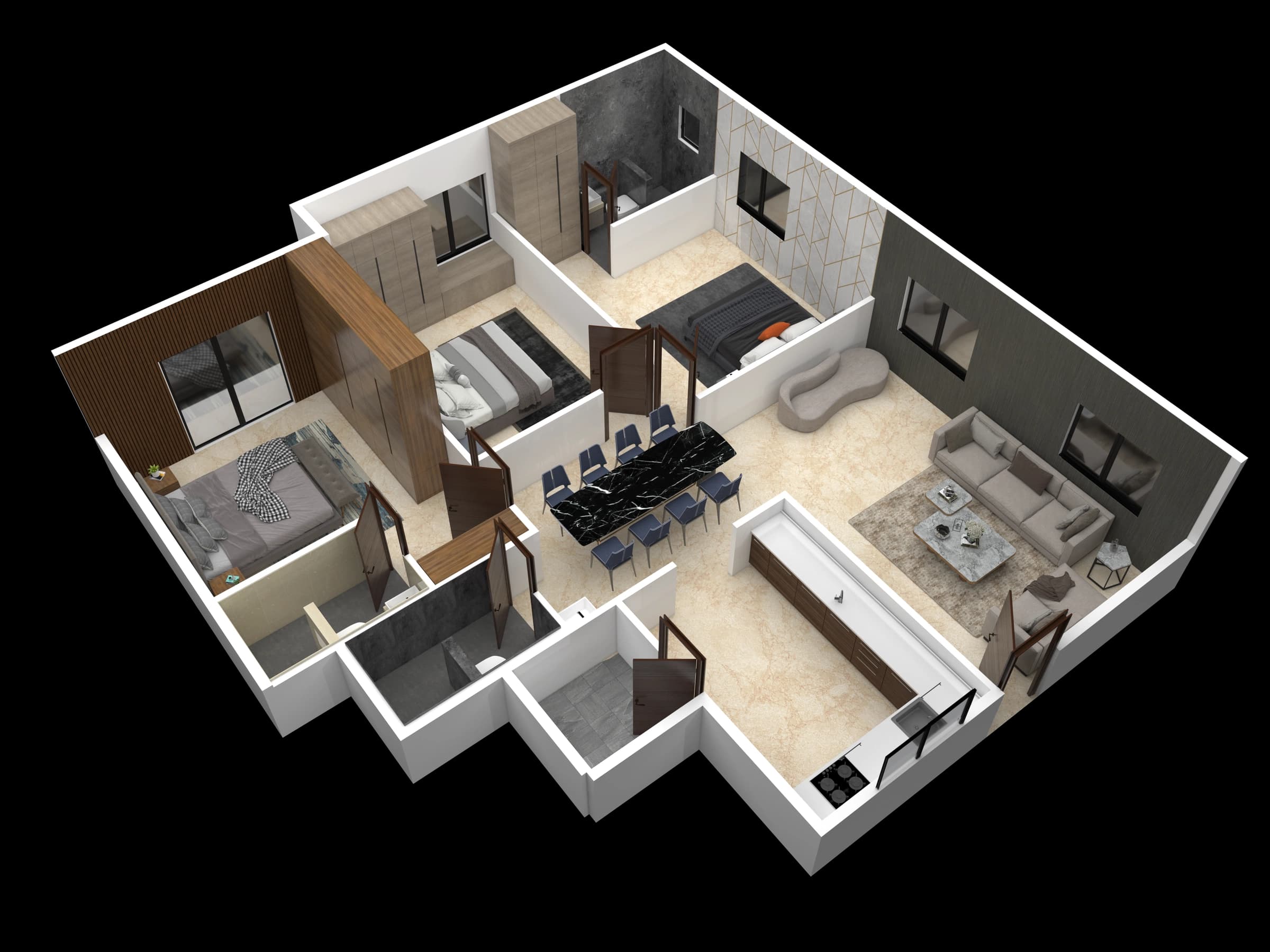 Isometric apartment layout with multiple bedrooms