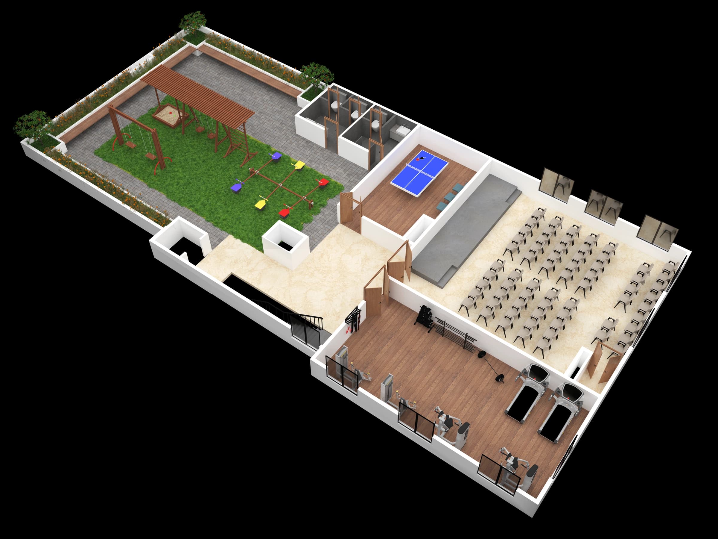 Isometric ground-level layout with parking and outdoor spaces