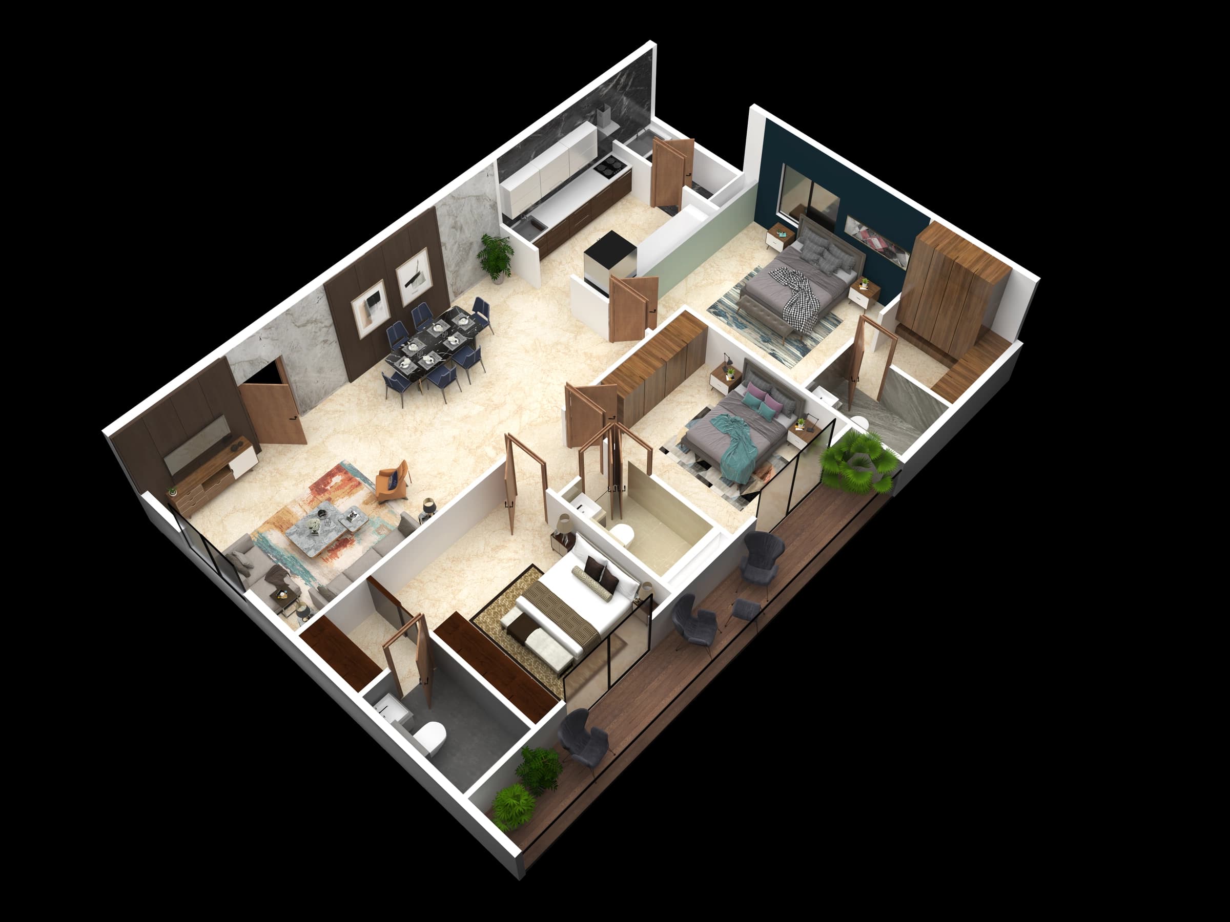 Isometric apartment layout with living and bedroom spaces