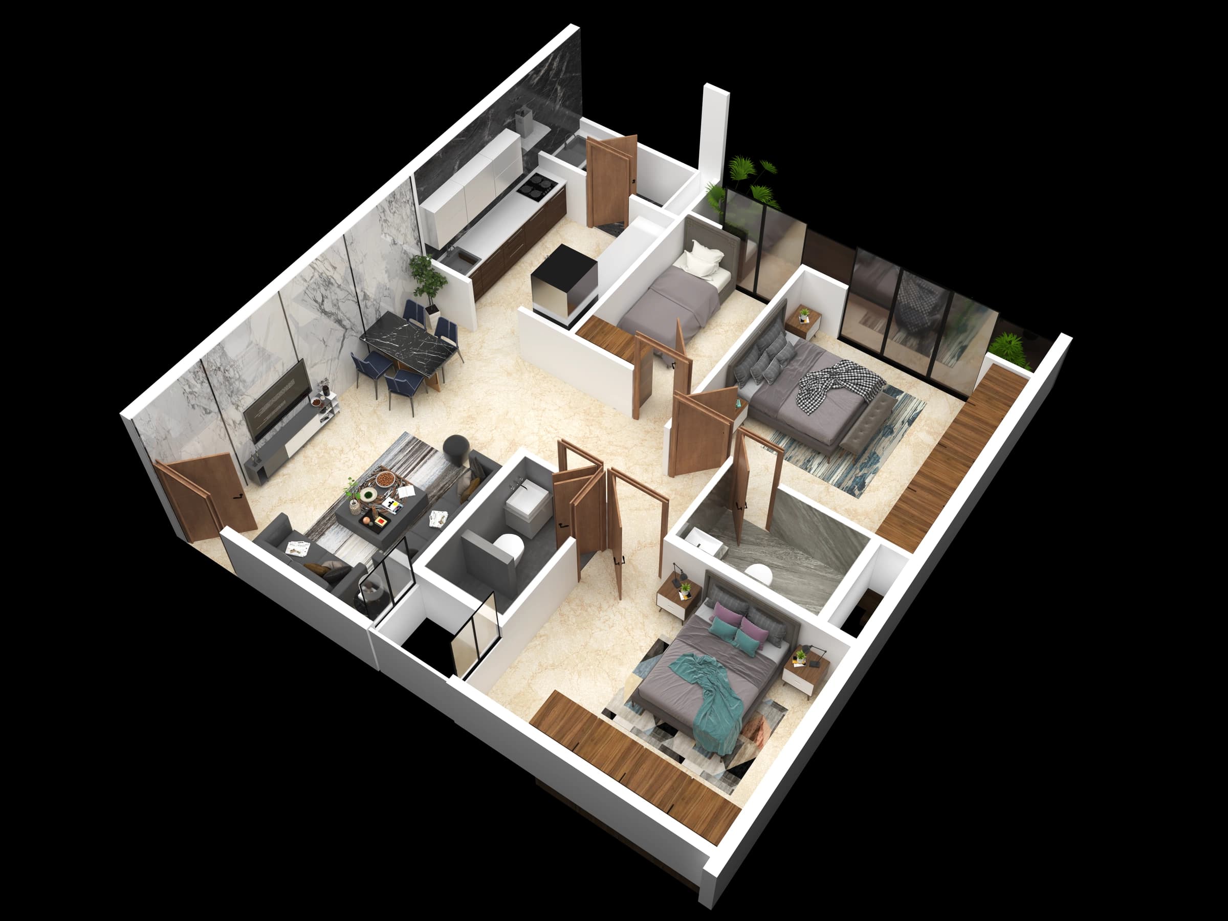 Isometric apartment layout with bedrooms and circulation