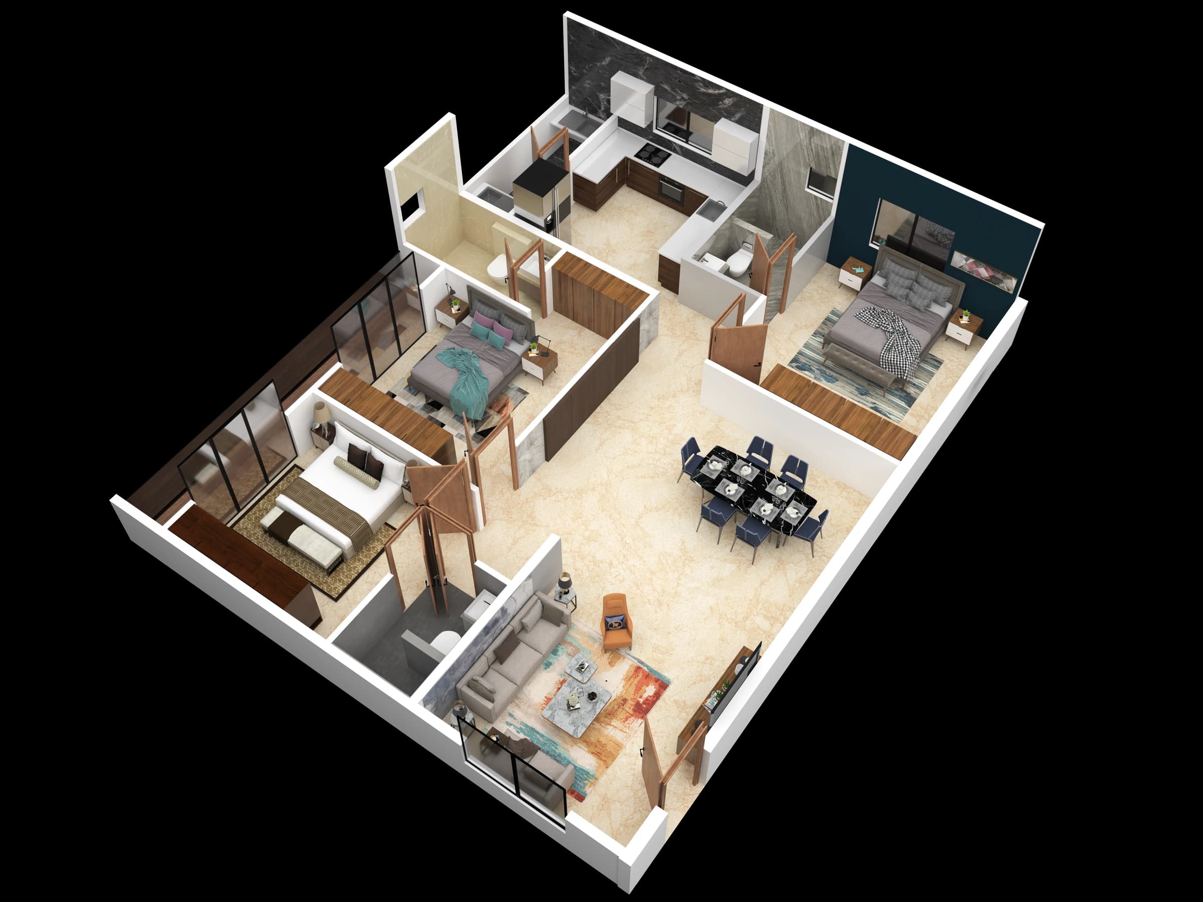 Isometric apartment layout with multiple rooms