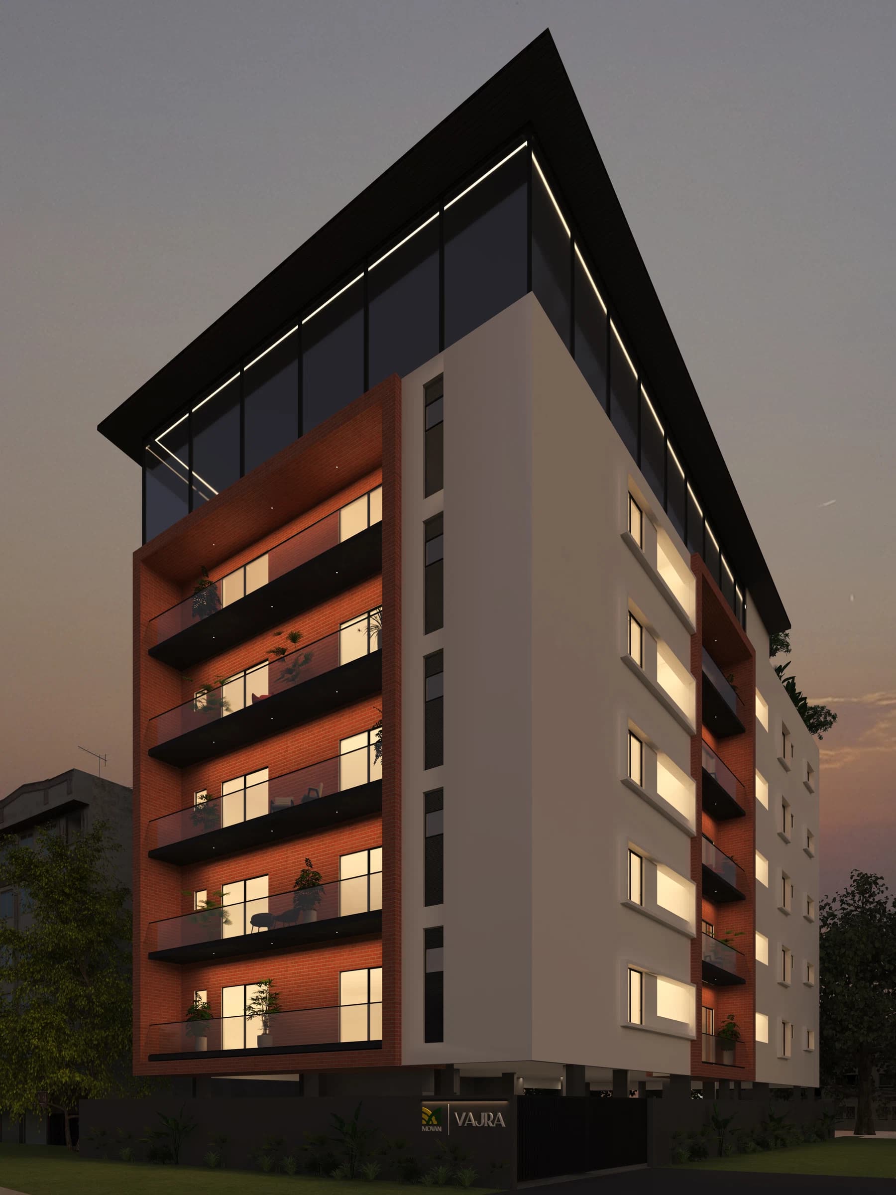 Night exterior view of a residential building