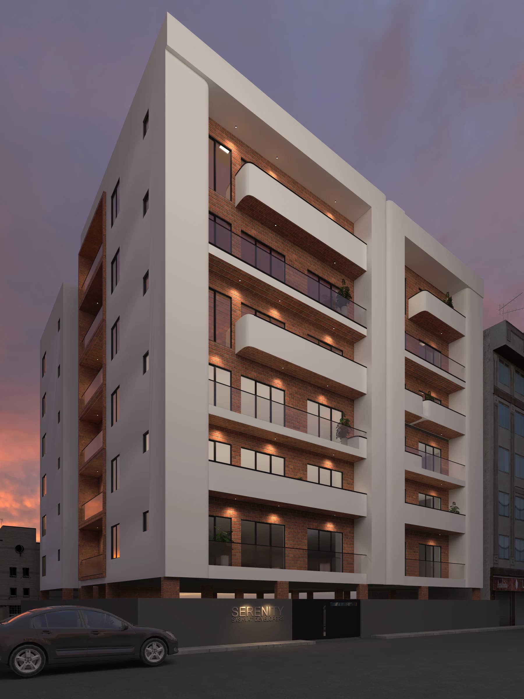 Night exterior view of a residential building