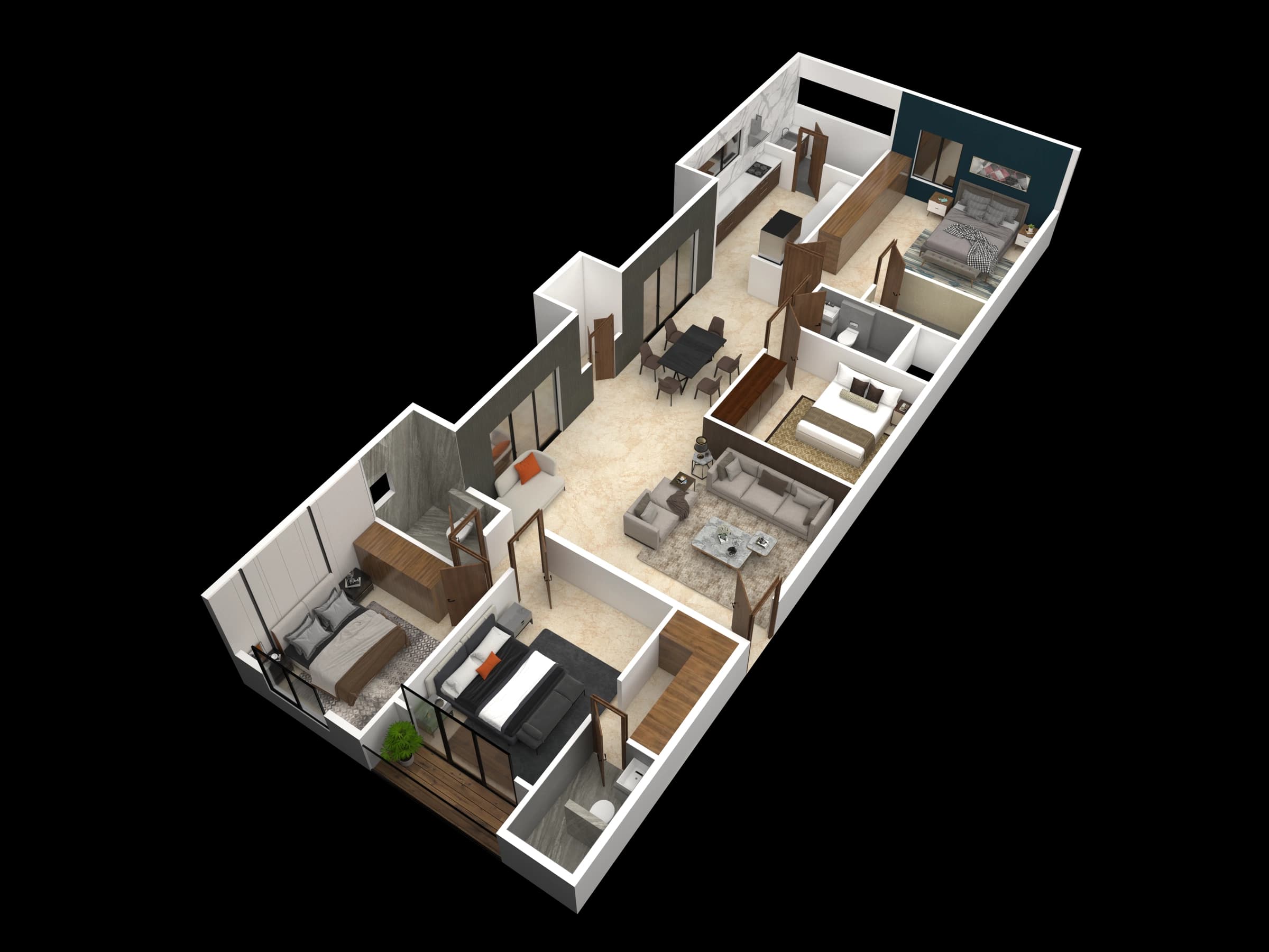Isometric apartment layout with living and bedroom spaces