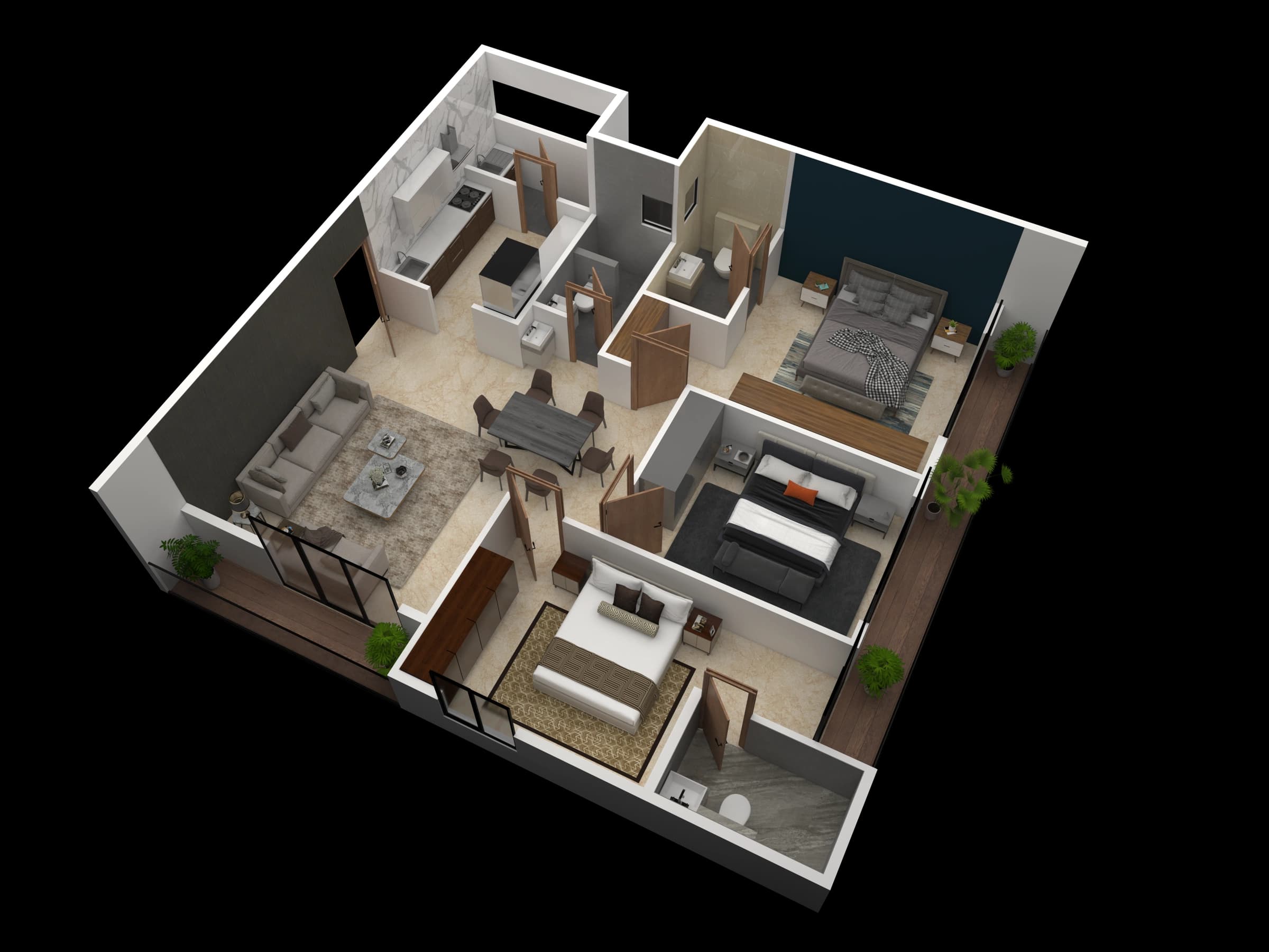Isometric apartment layout with bedrooms and circulation