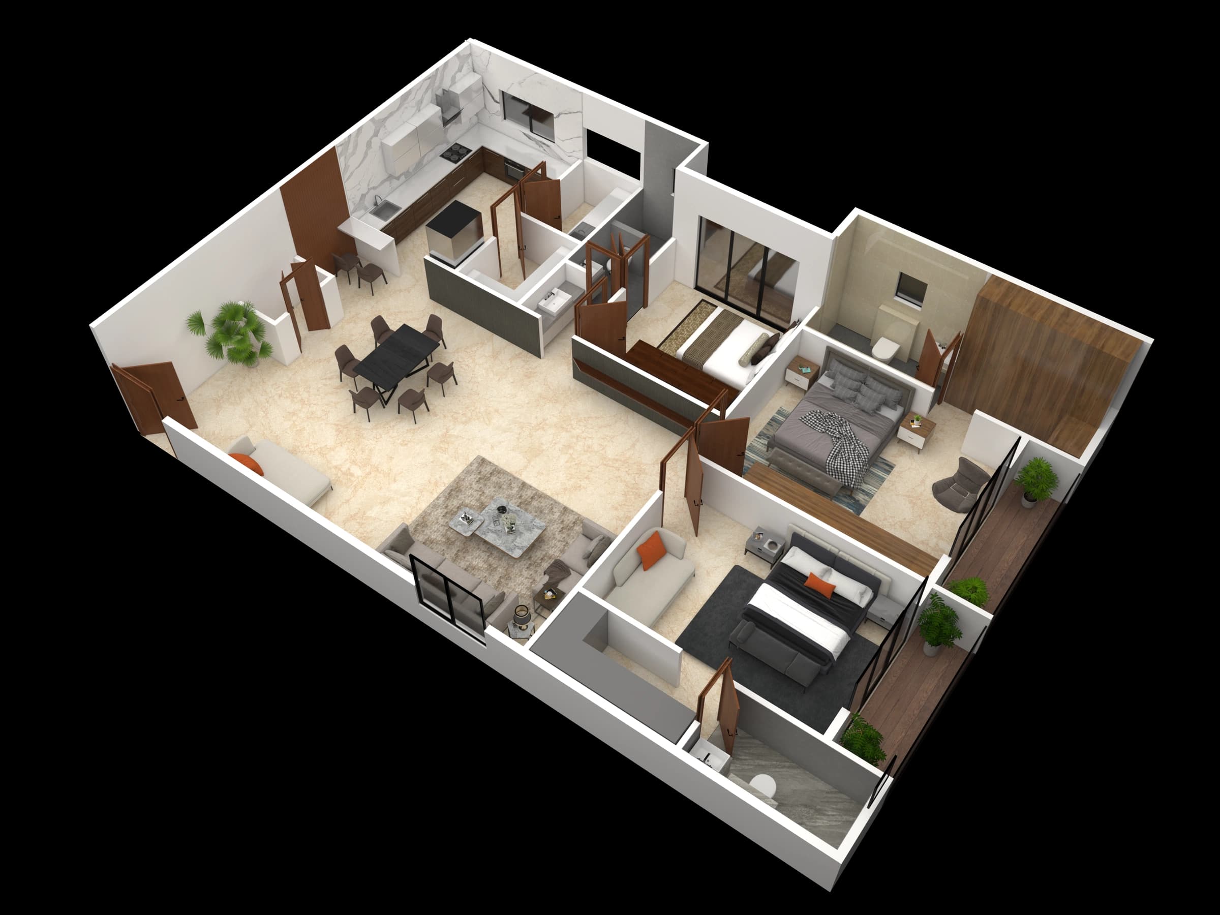 Isometric apartment layout with multiple rooms