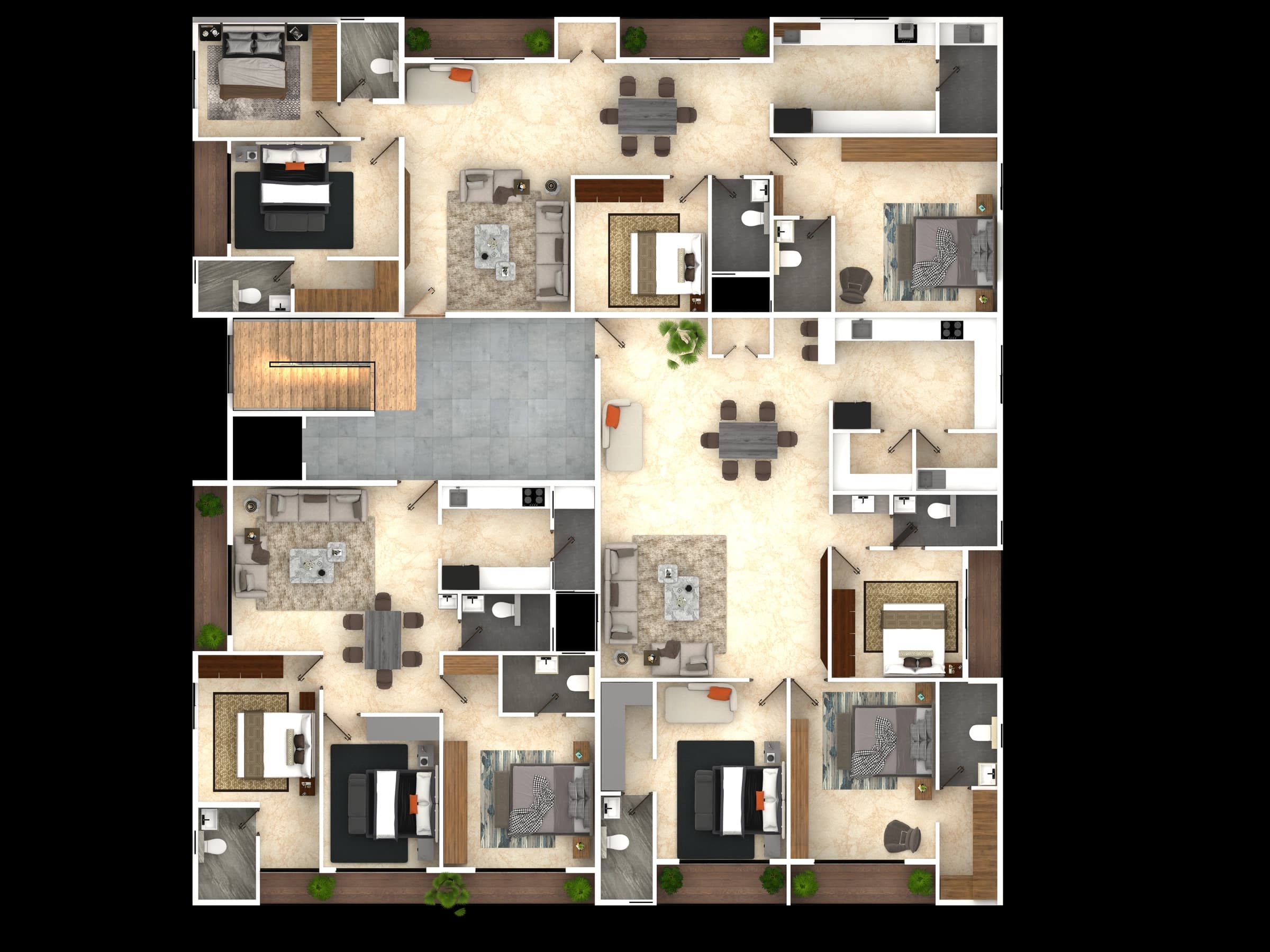 Floor plan drawing with multiple apartment layouts
