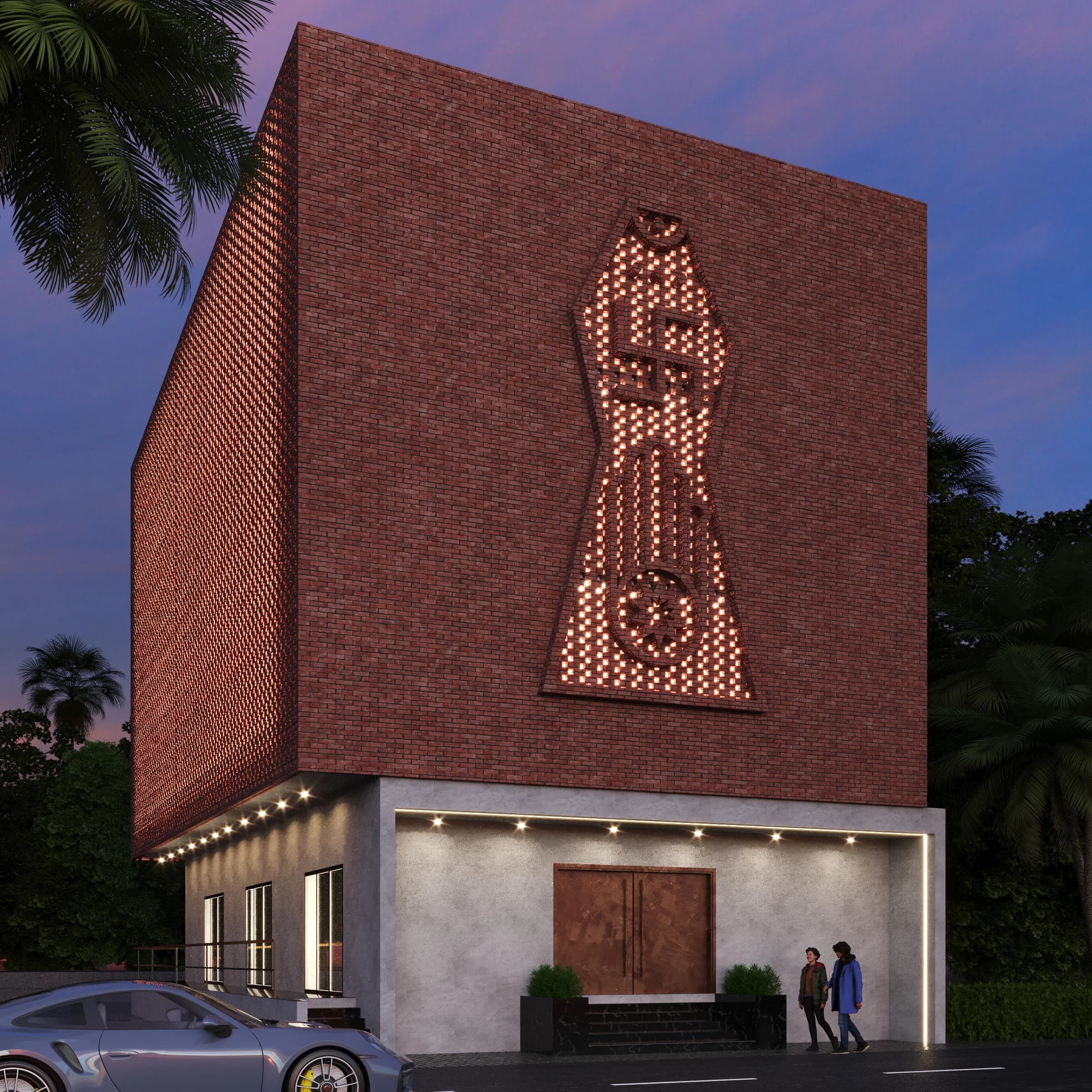 Evening exterior view of a public building facade