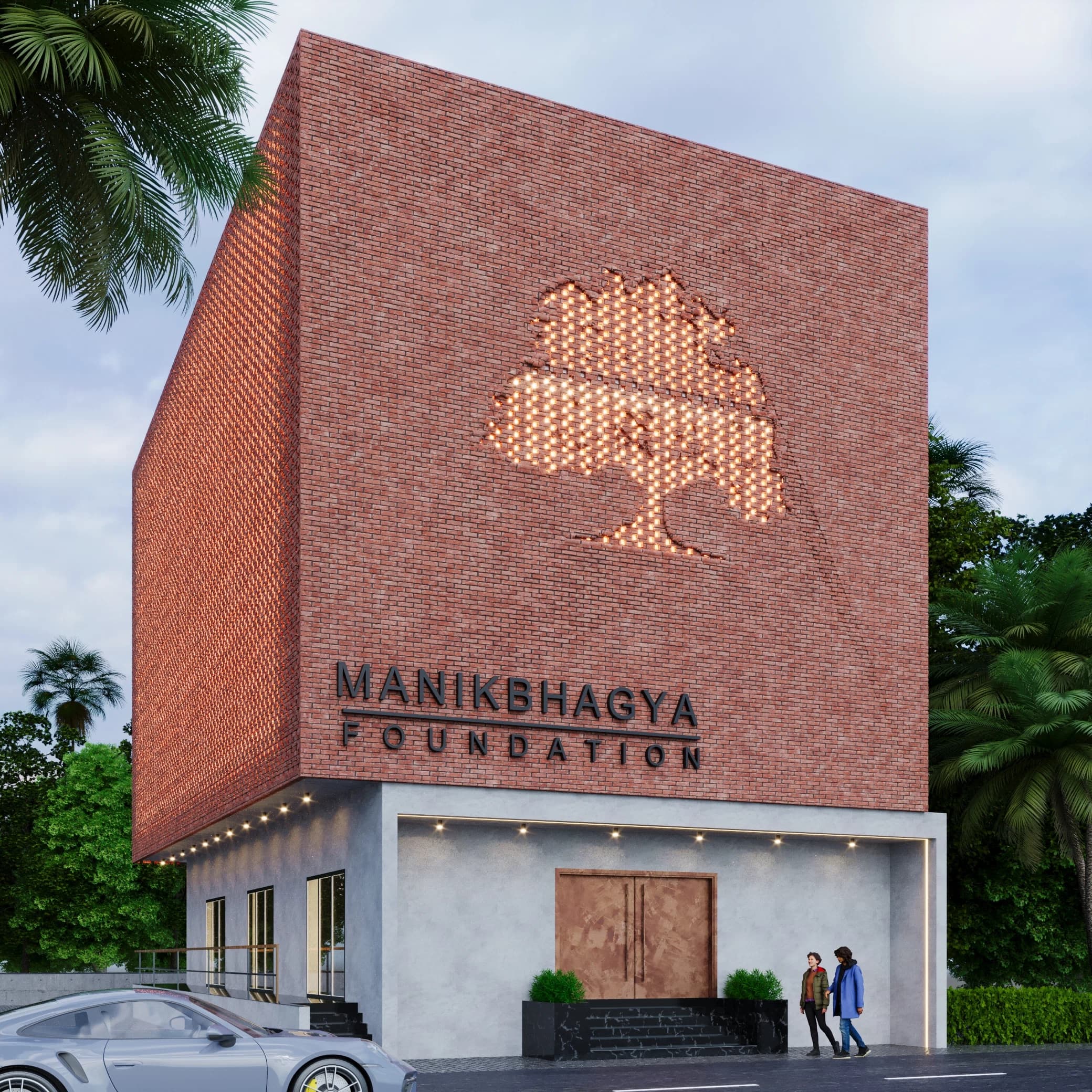 Daytime exterior view of a public building with signage
