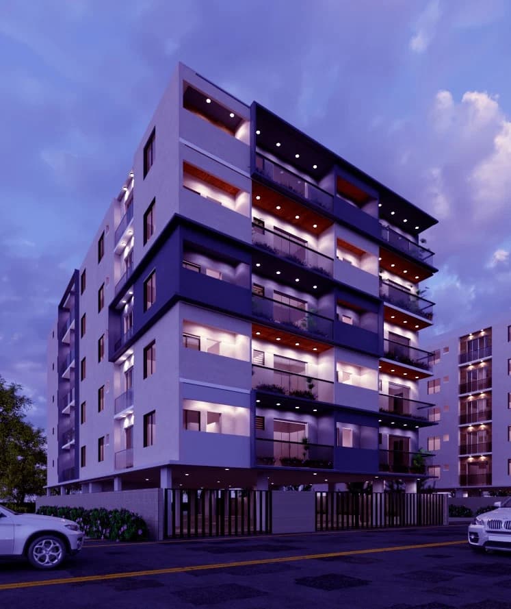 Night exterior view of a multi-storey residential building