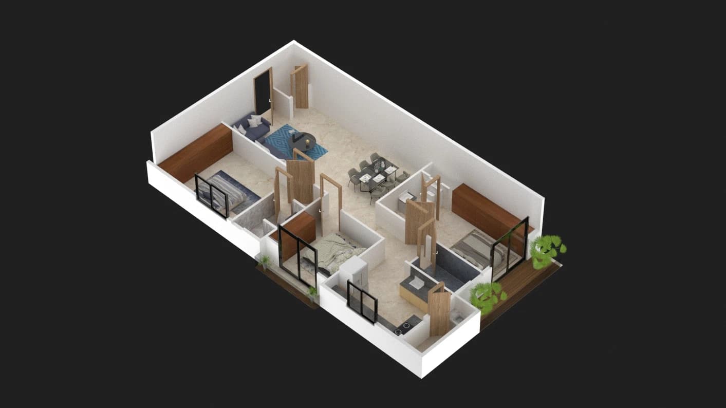 Isometric apartment layout with living and bedroom spaces