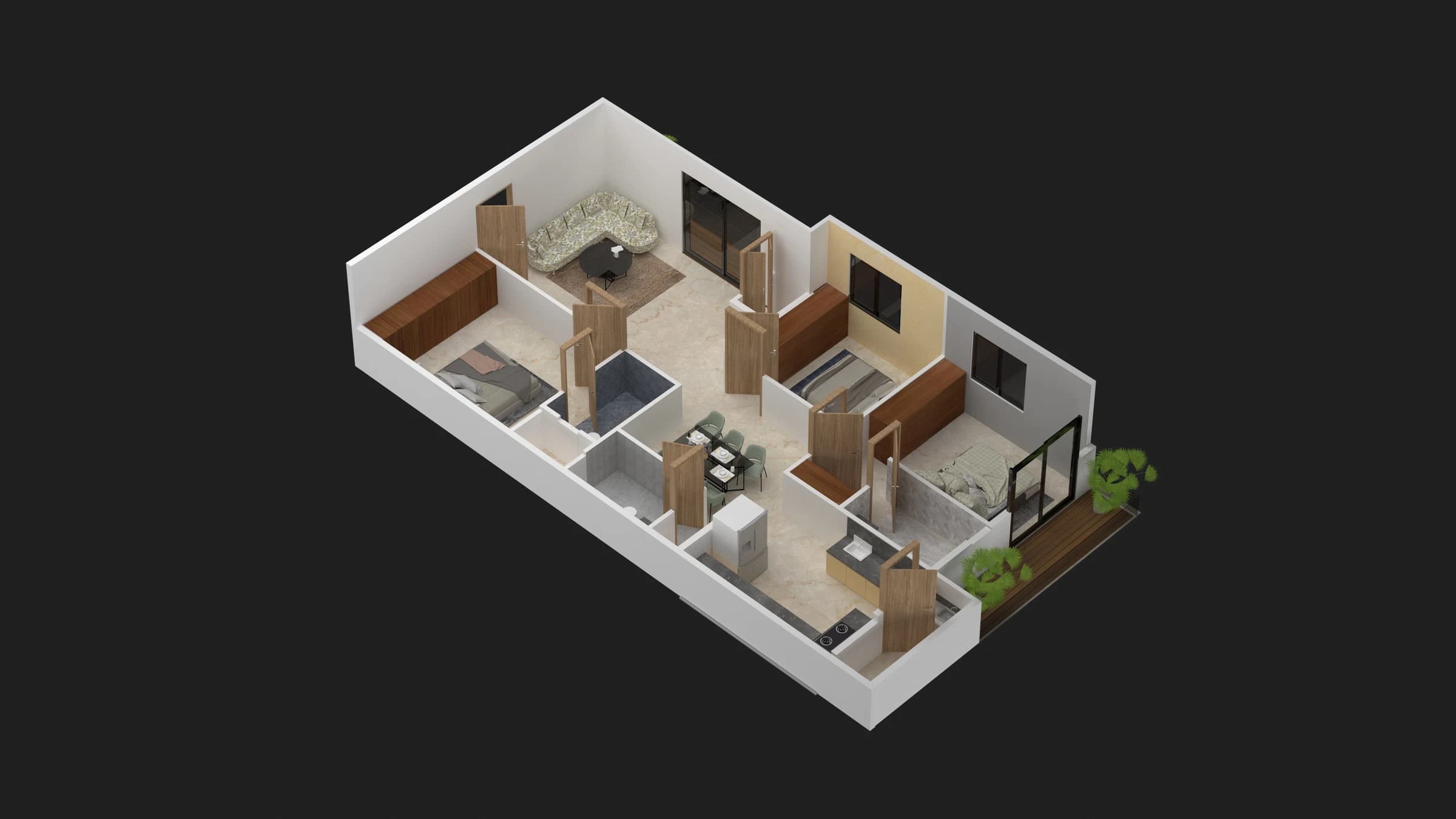 Isometric apartment layout with multiple rooms