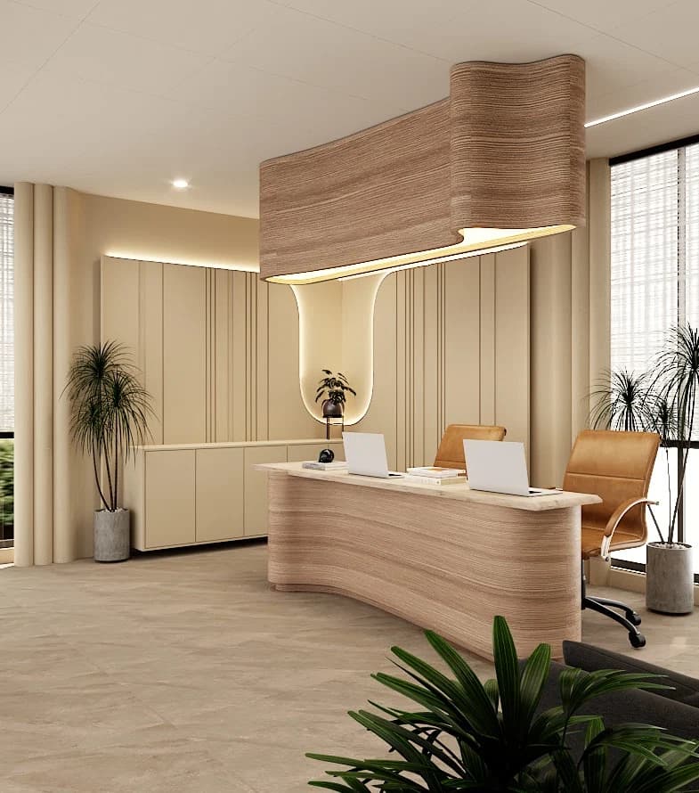 Reception desk with warm ceiling and wall lighting