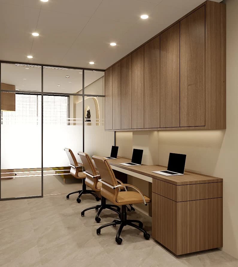 Workspace with desks, chairs, and wall storage