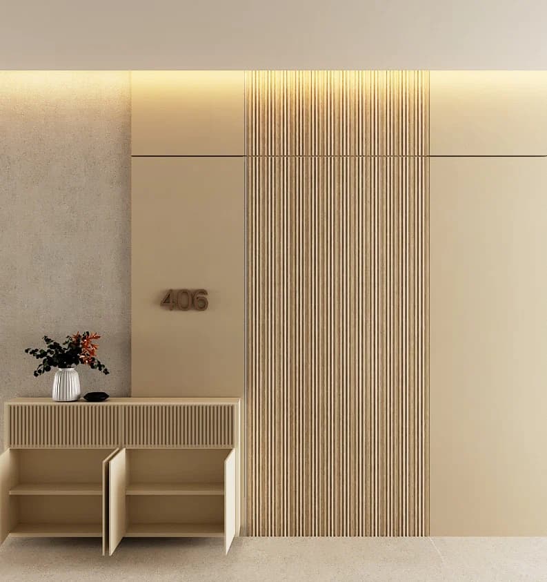Reception counter with vertical wall paneling