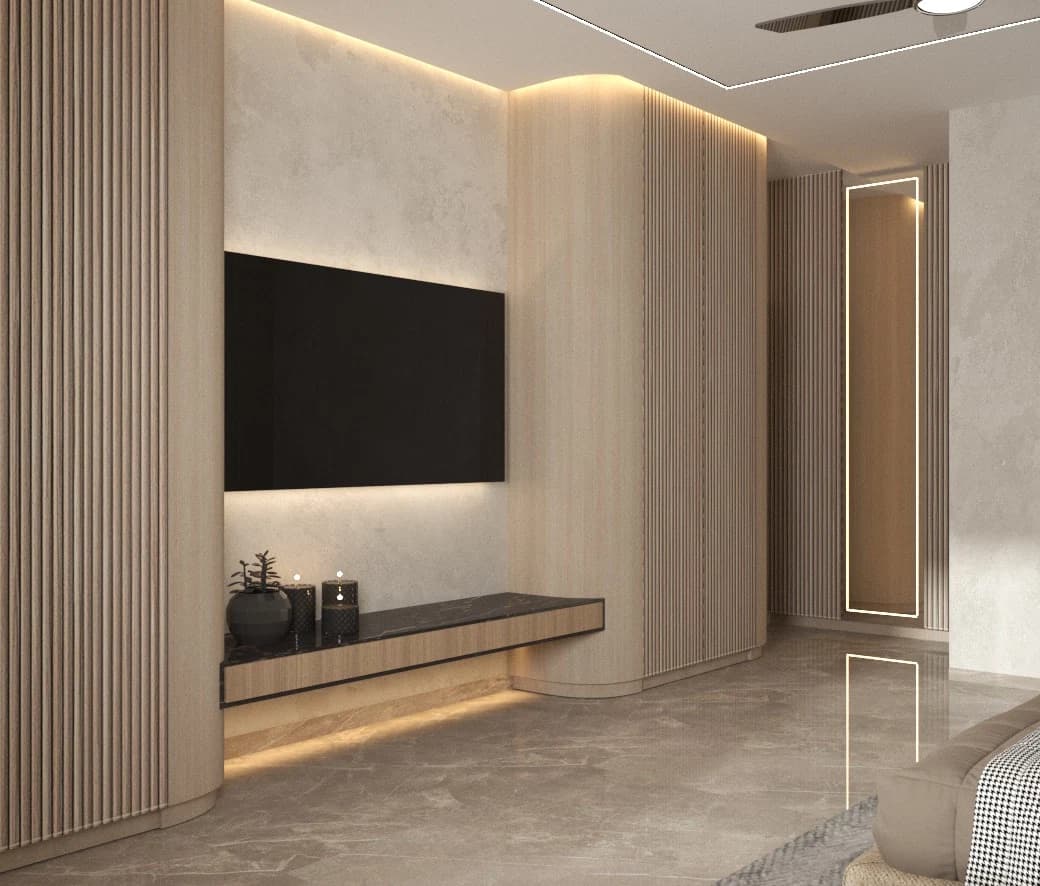 Television wall with vertical paneling and concealed lighting