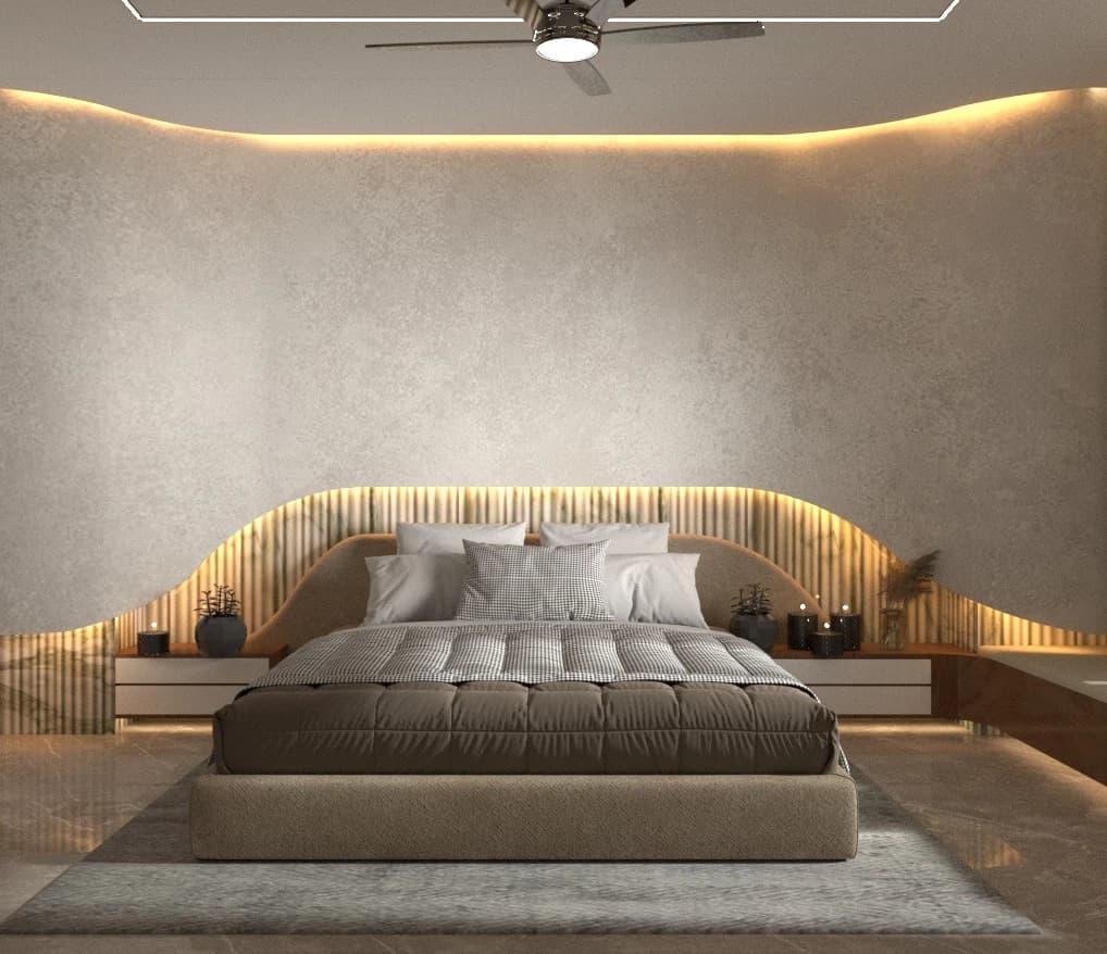 Bedroom with bed and curved headboard lighting