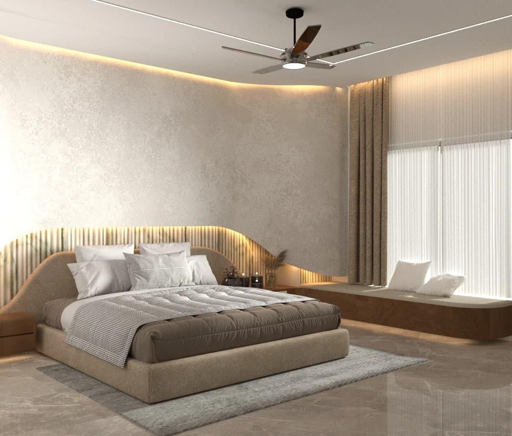 Bedroom with bed, side table, and window seating