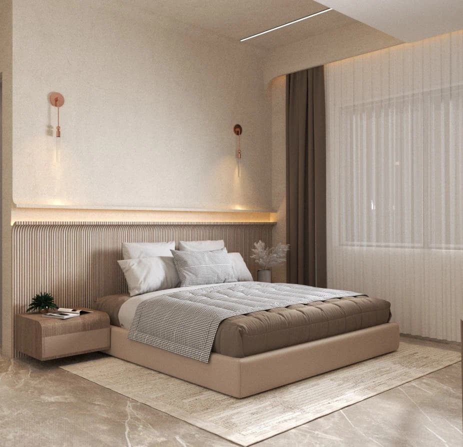 Bedroom with bed, wall lighting, and curtains