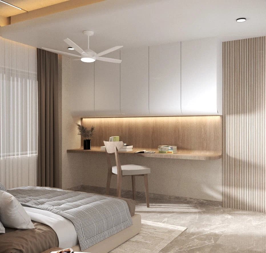 Bedroom study area with desk and wall storage