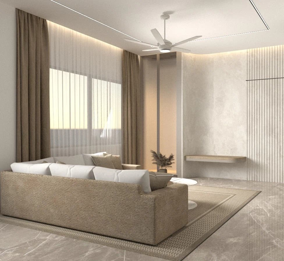Living room with sofa, television wall, and curtain backdrop