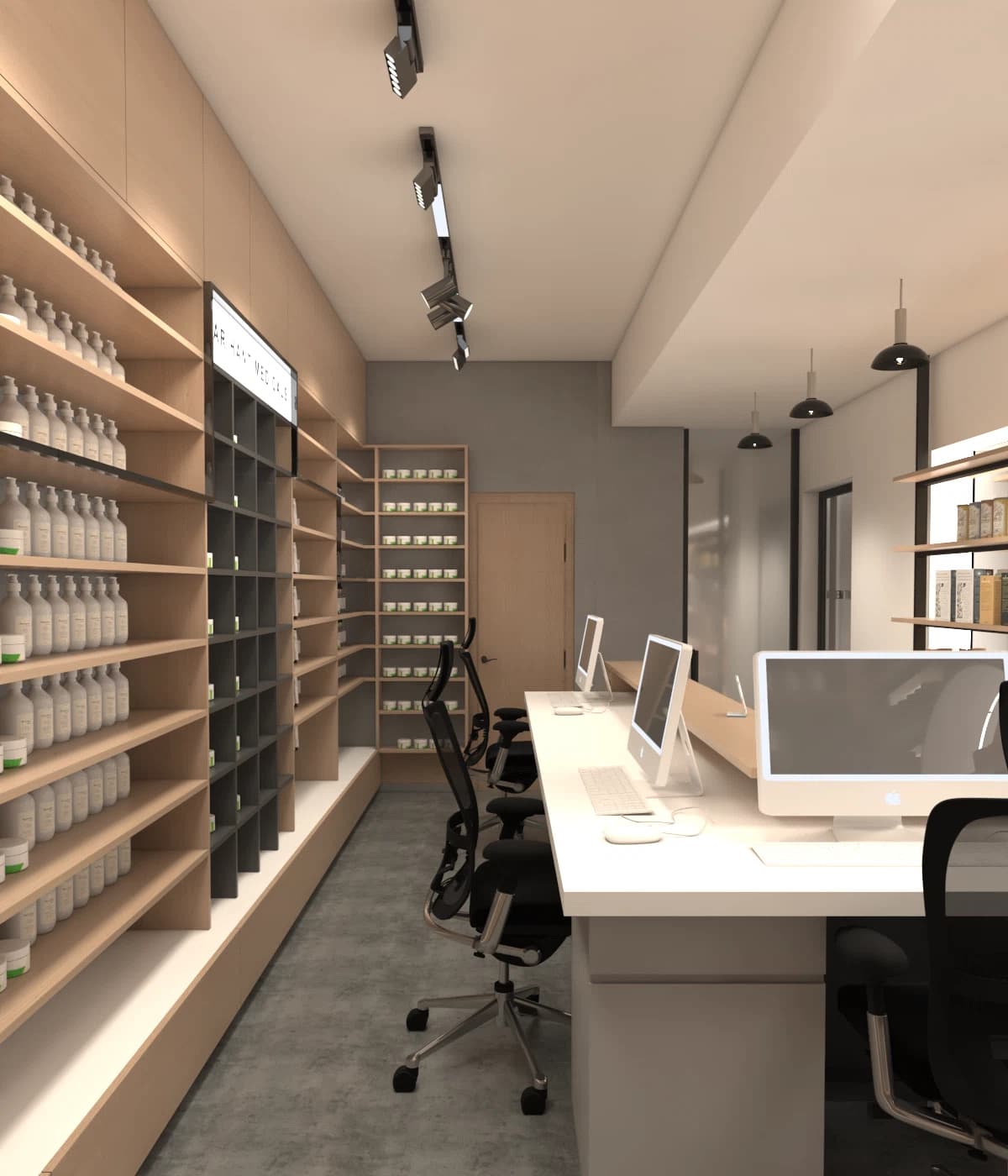 Pharmacy interior with shelving and work counter
