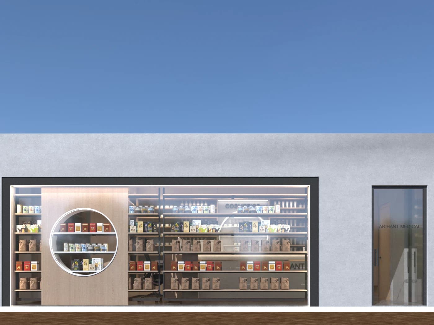 Exterior pharmacy facade with display window