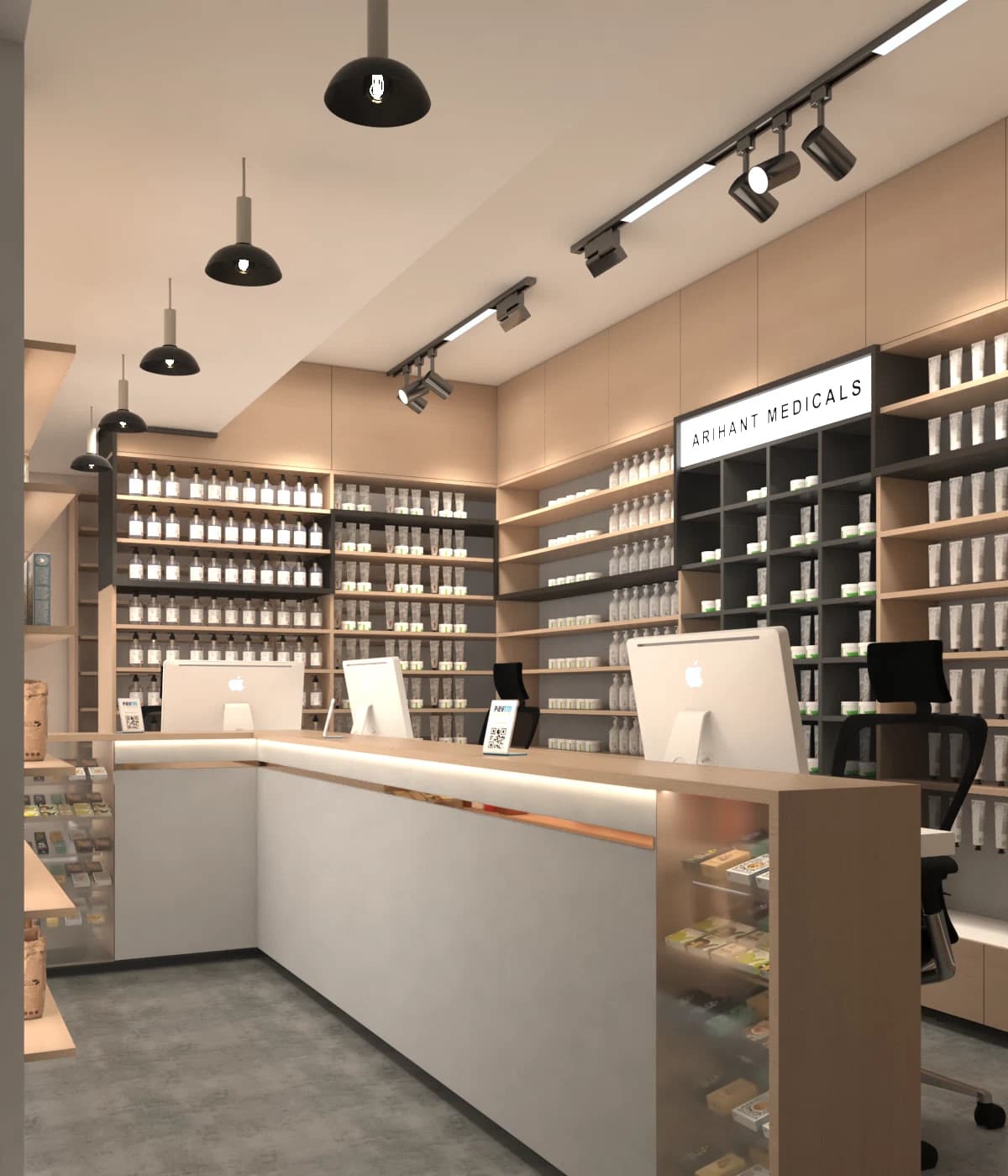 Pharmacy counter and illuminated product shelving
