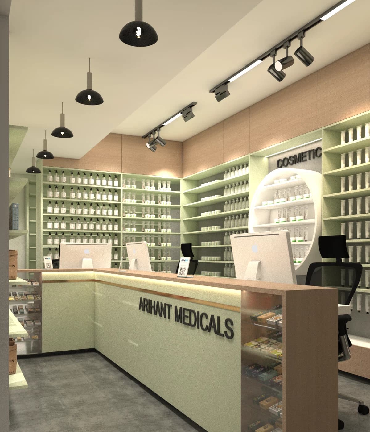 Pharmacy counter with shelving and display lighting
