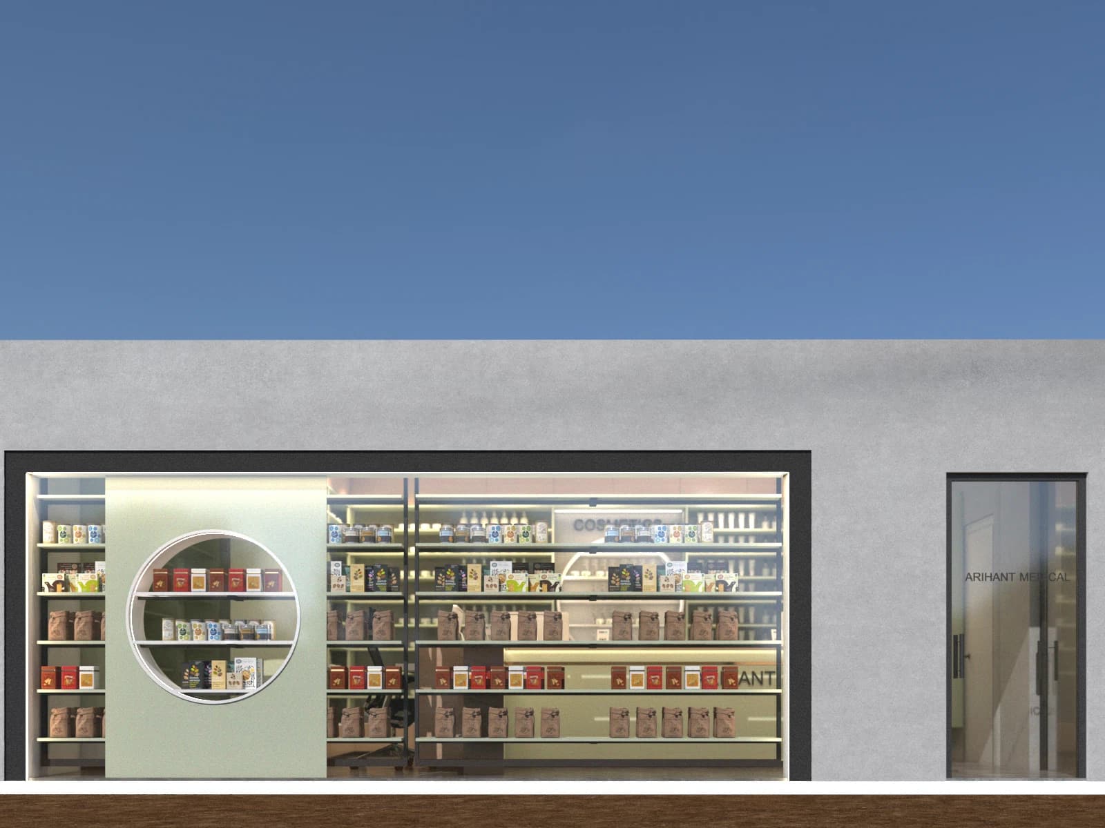 Pharmacy facade with signage and glass storefront