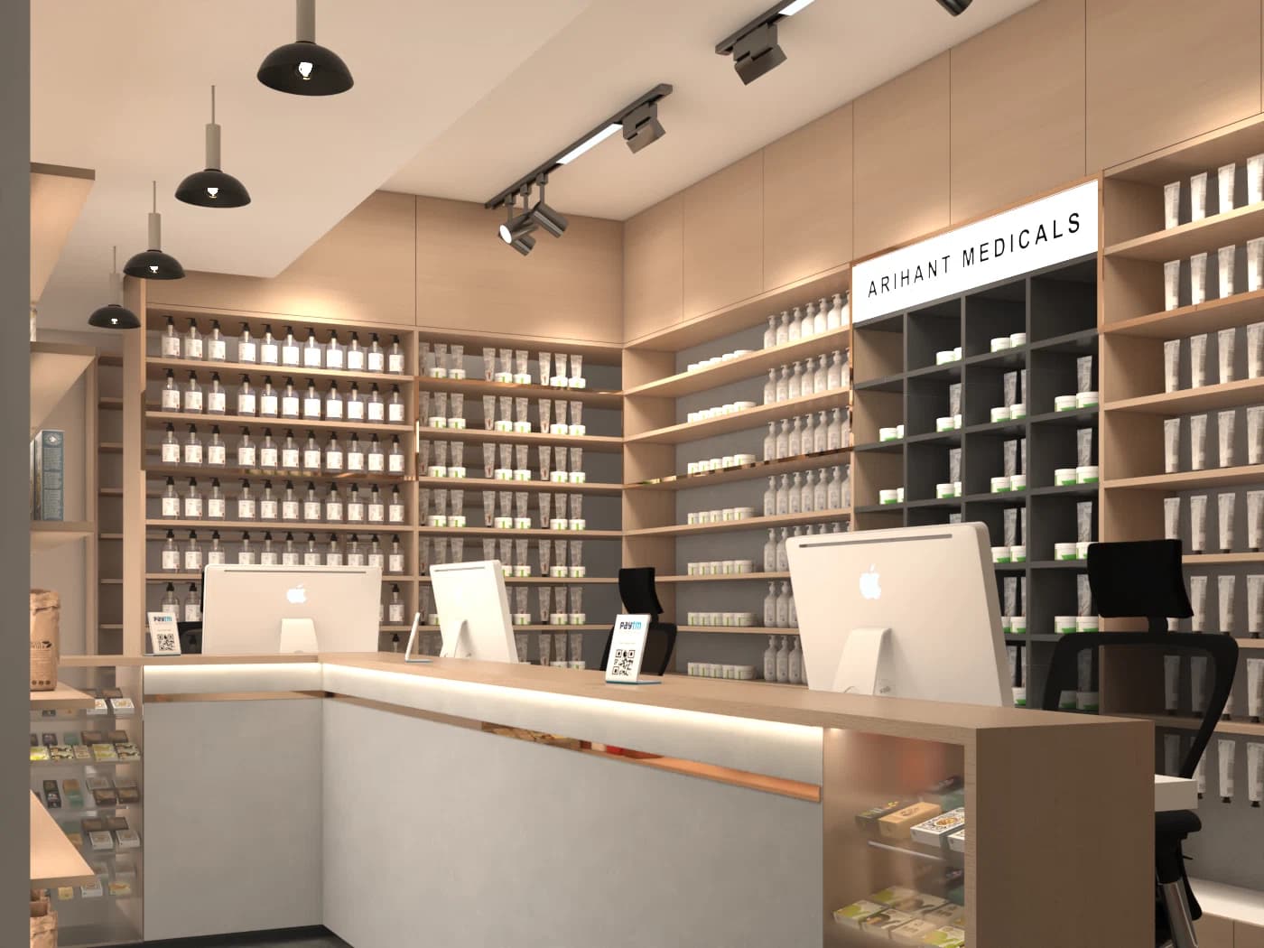 Pharmacy interior with counter and wall shelving