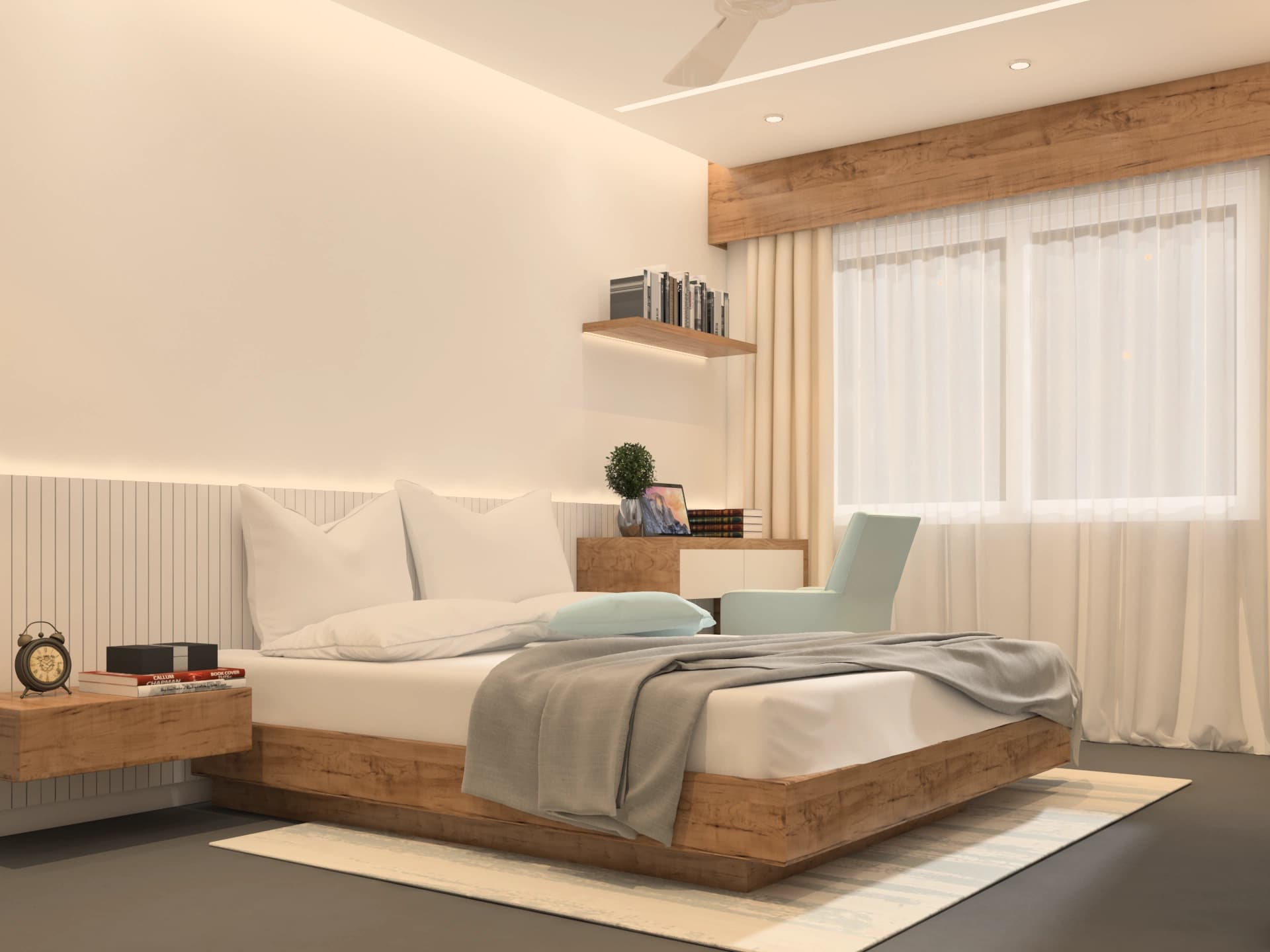 Bedroom with bed, shelving, and soft curtains