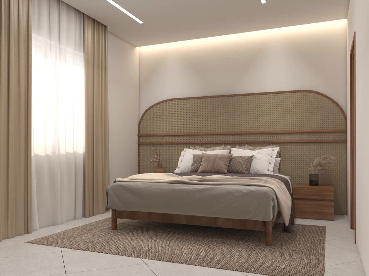 Bedroom with bed and curved headboard