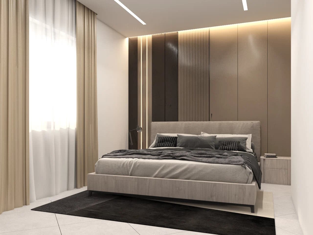 Bedroom with bed, study desk, and wall shelving