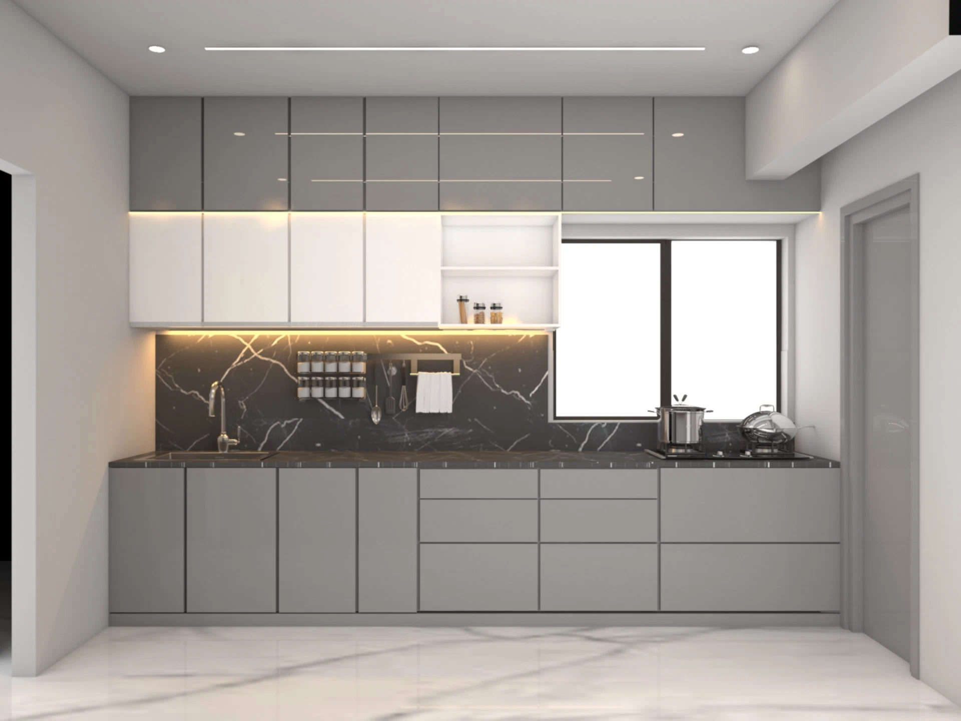 Kitchen interior with grey cabinetry and dark backsplash