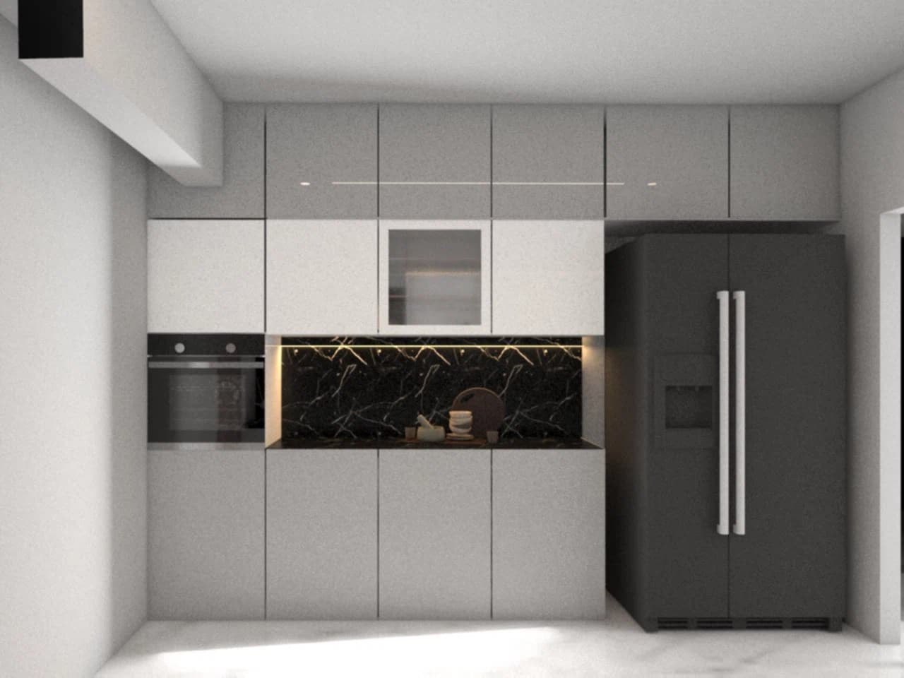 Kitchen interior with tall storage and appliances