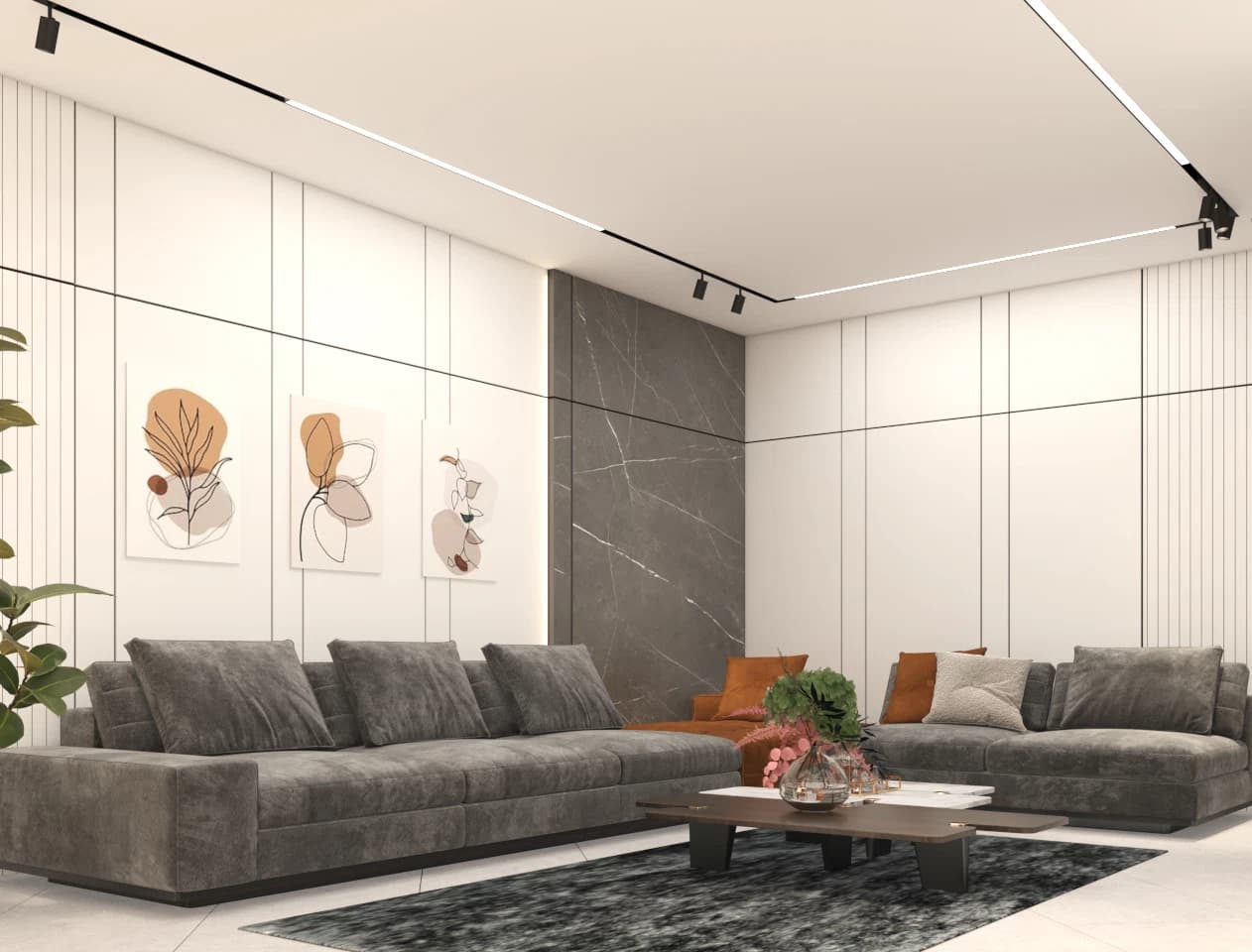 Living room with sofa, artwork, and track lighting
