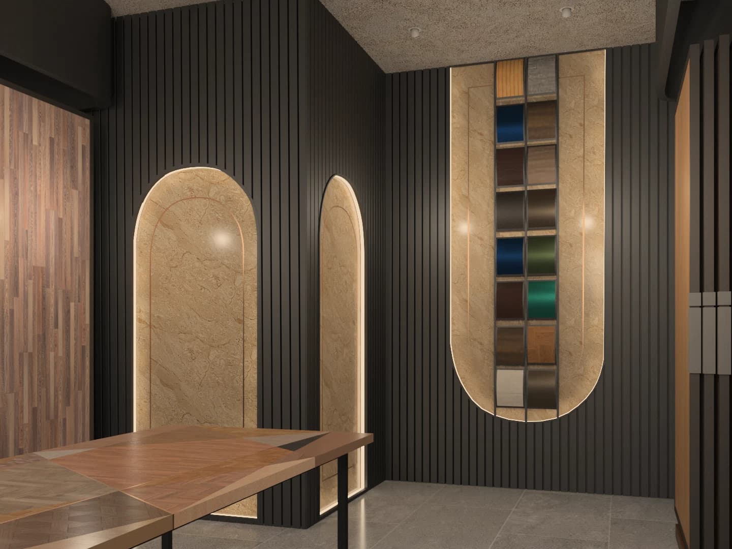 Material display area with table and vertical panels