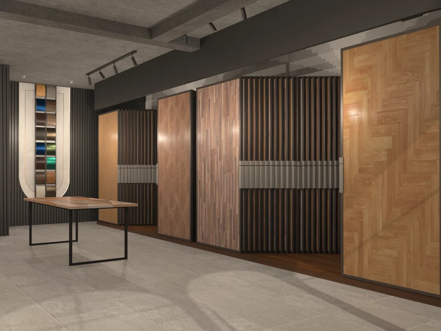 Interior display area with wall panels and sample shelving