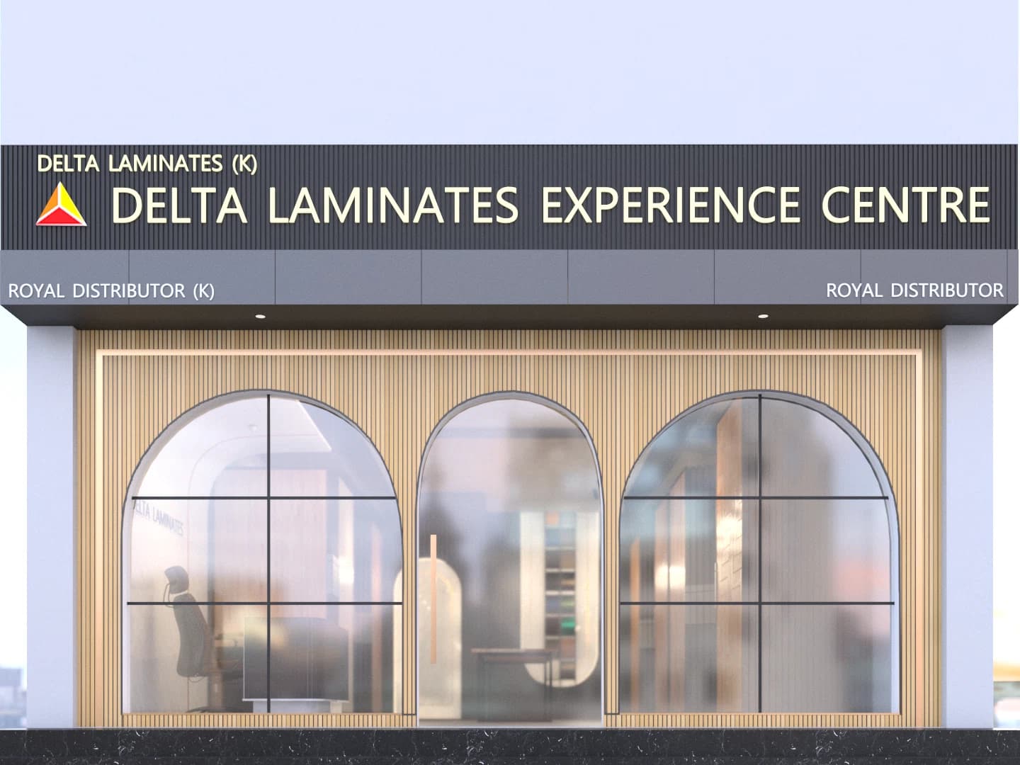Exterior facade with Delta Laminates Experience Centre signage