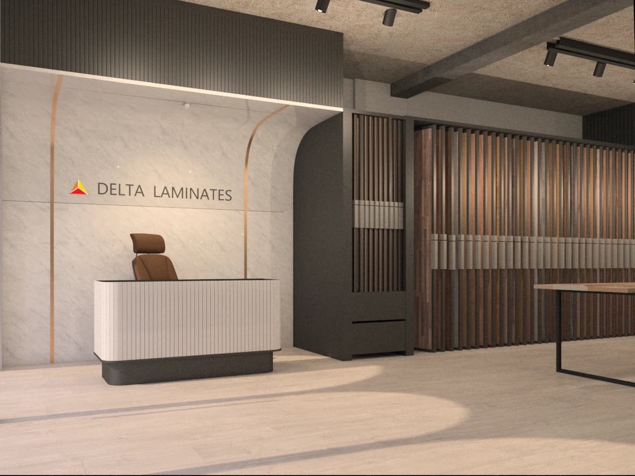 Interior reception area with Delta Laminates branding