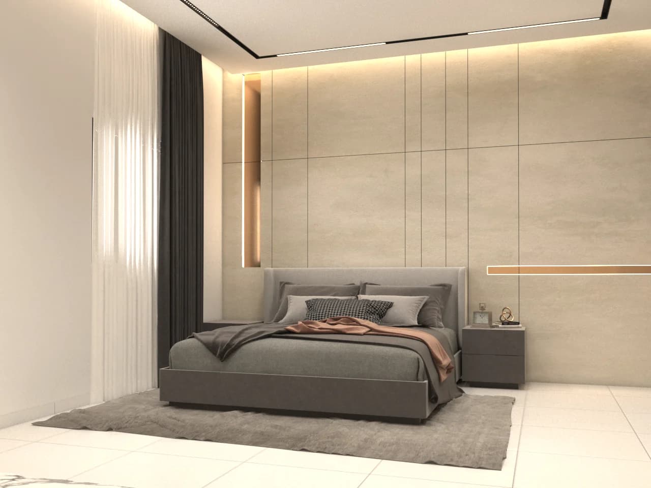 Bedroom interior with bed and warm textured feature wall