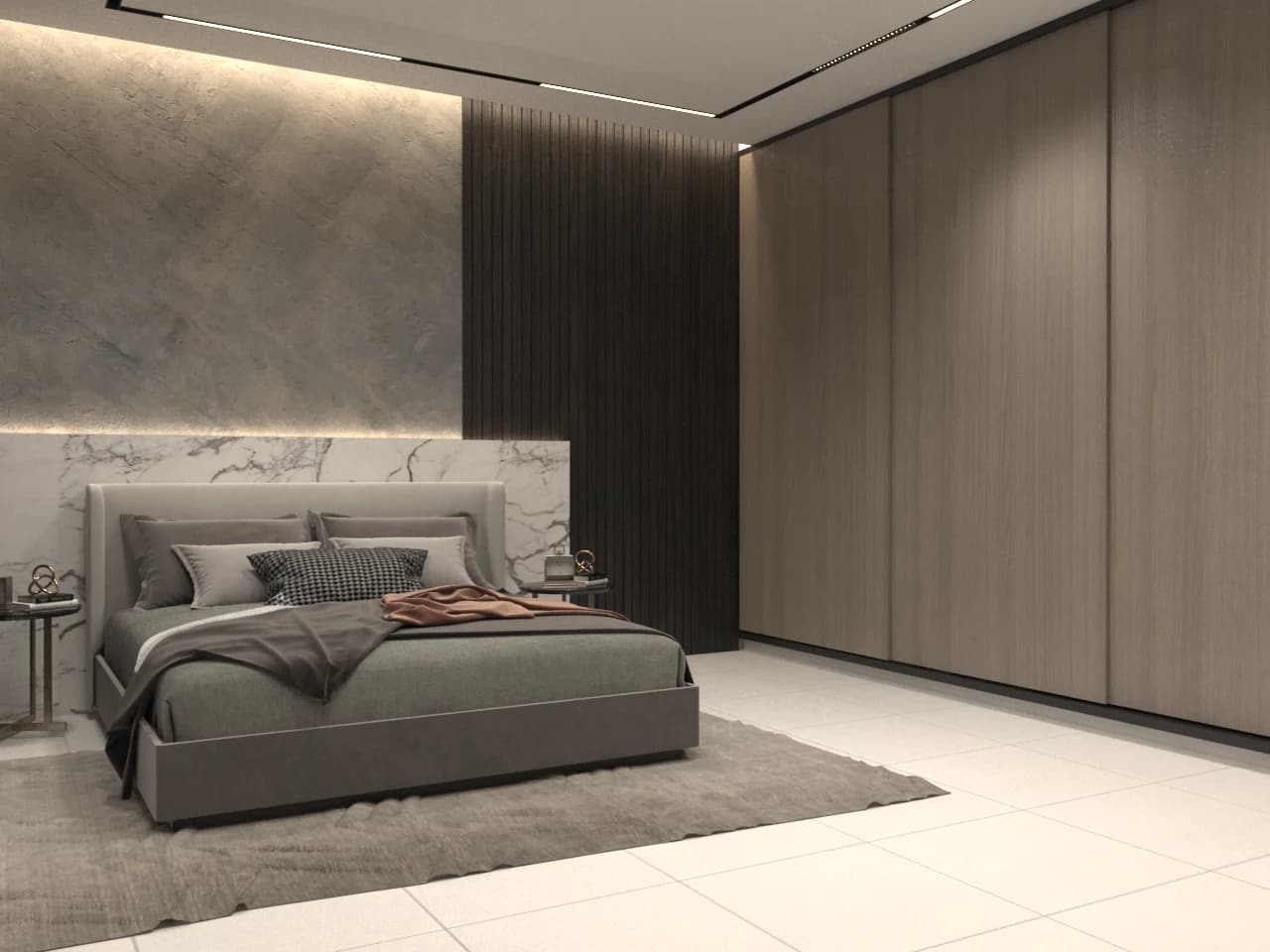 Bedroom interior with bed, wardrobe wall, and grey feature panel