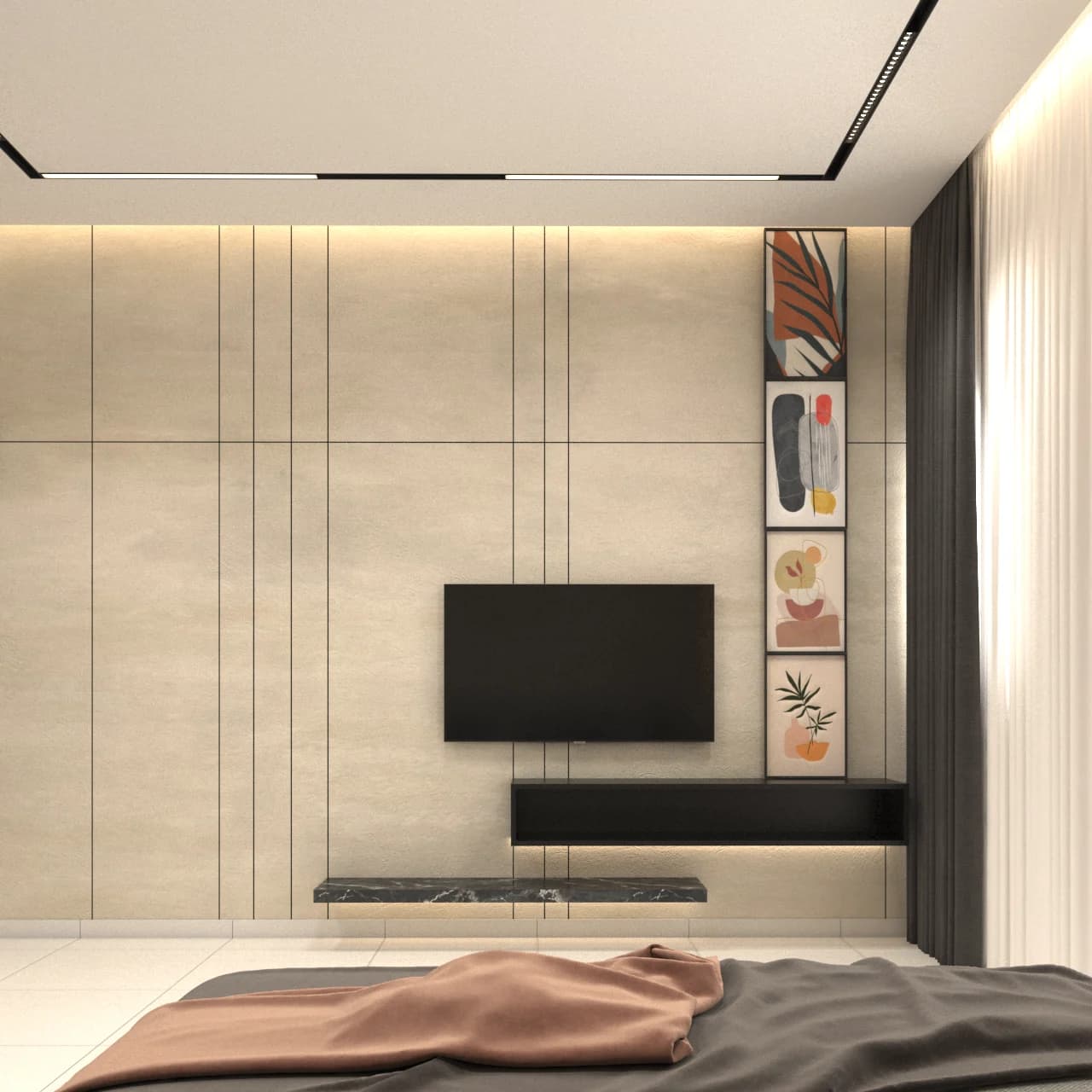 Bedroom television wall with concealed lighting and bed foreground