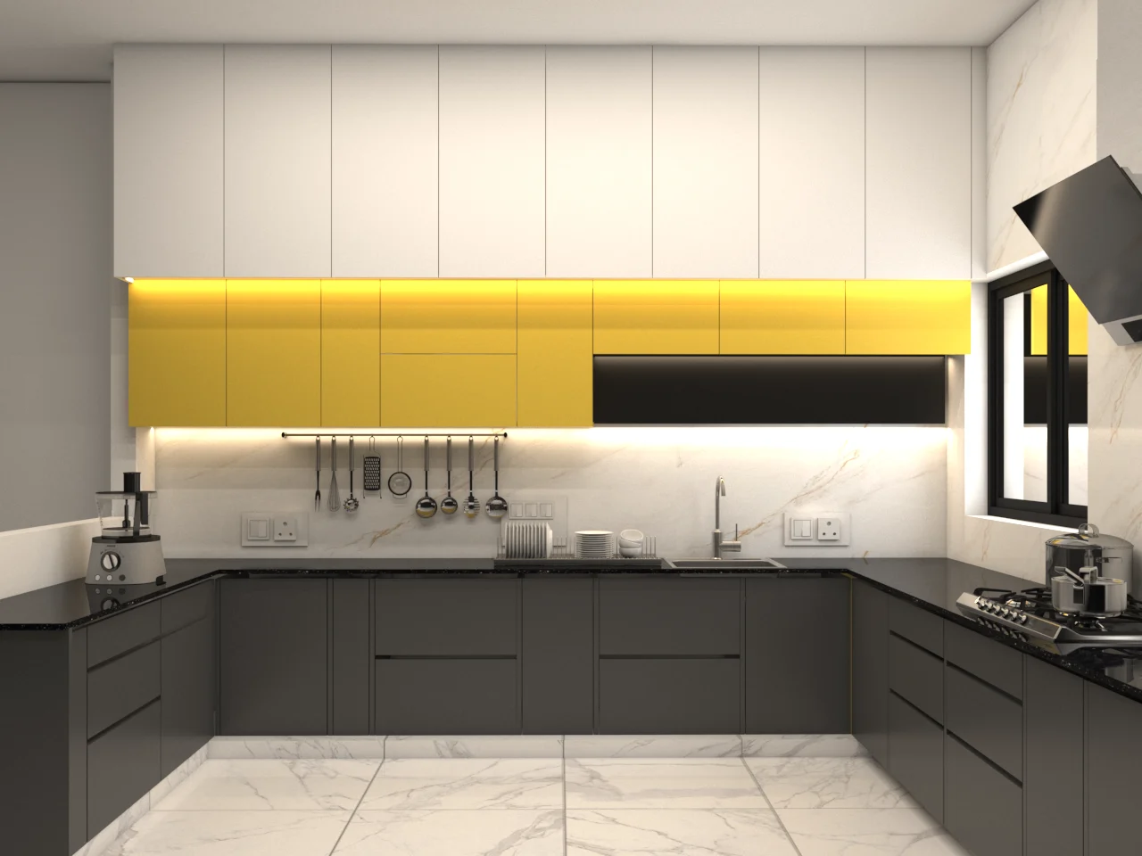 Kitchen interior with grey lower cabinets and yellow backsplash lighting