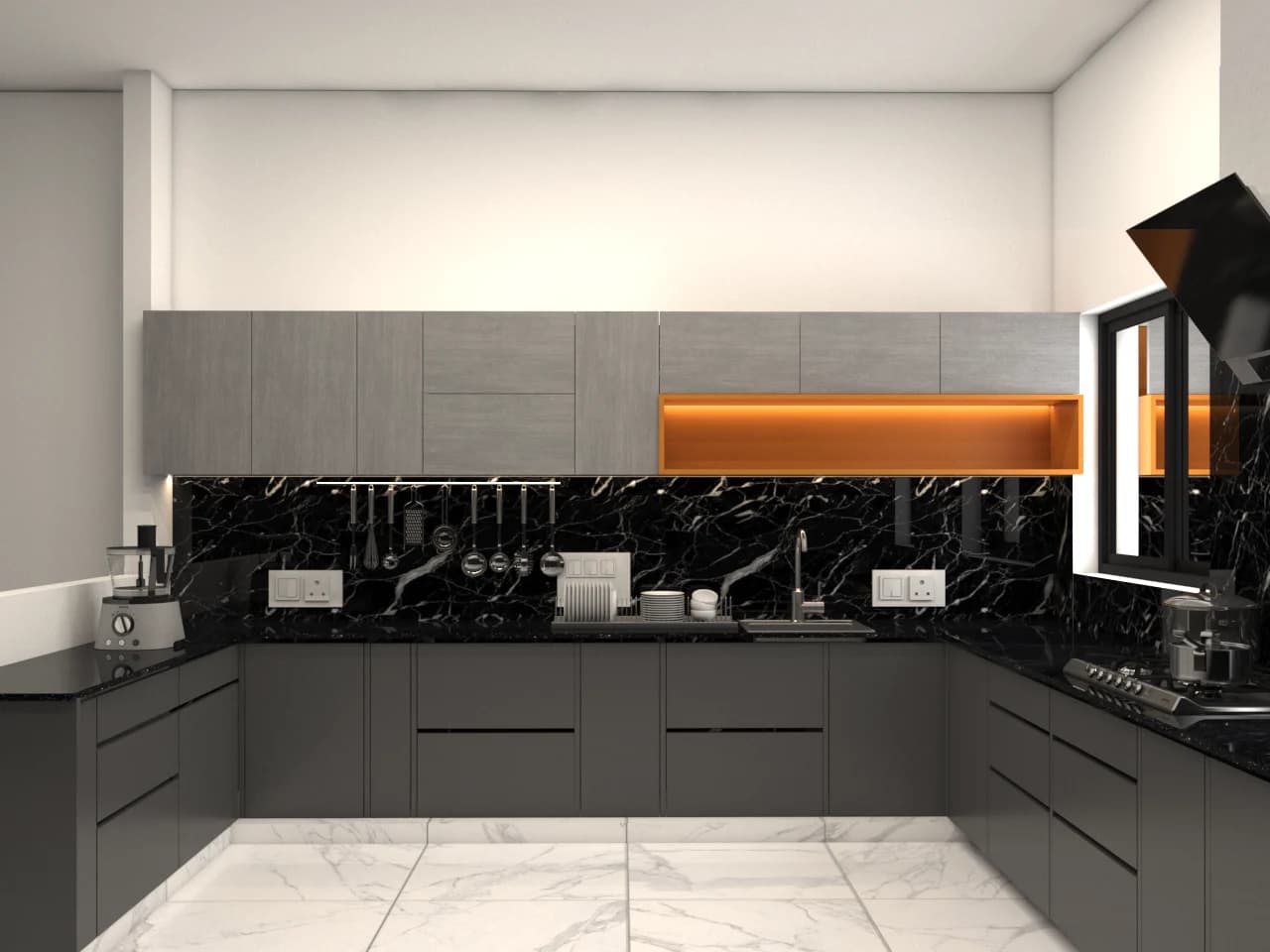 Kitchen interior with black stone backsplash and orange accent lighting